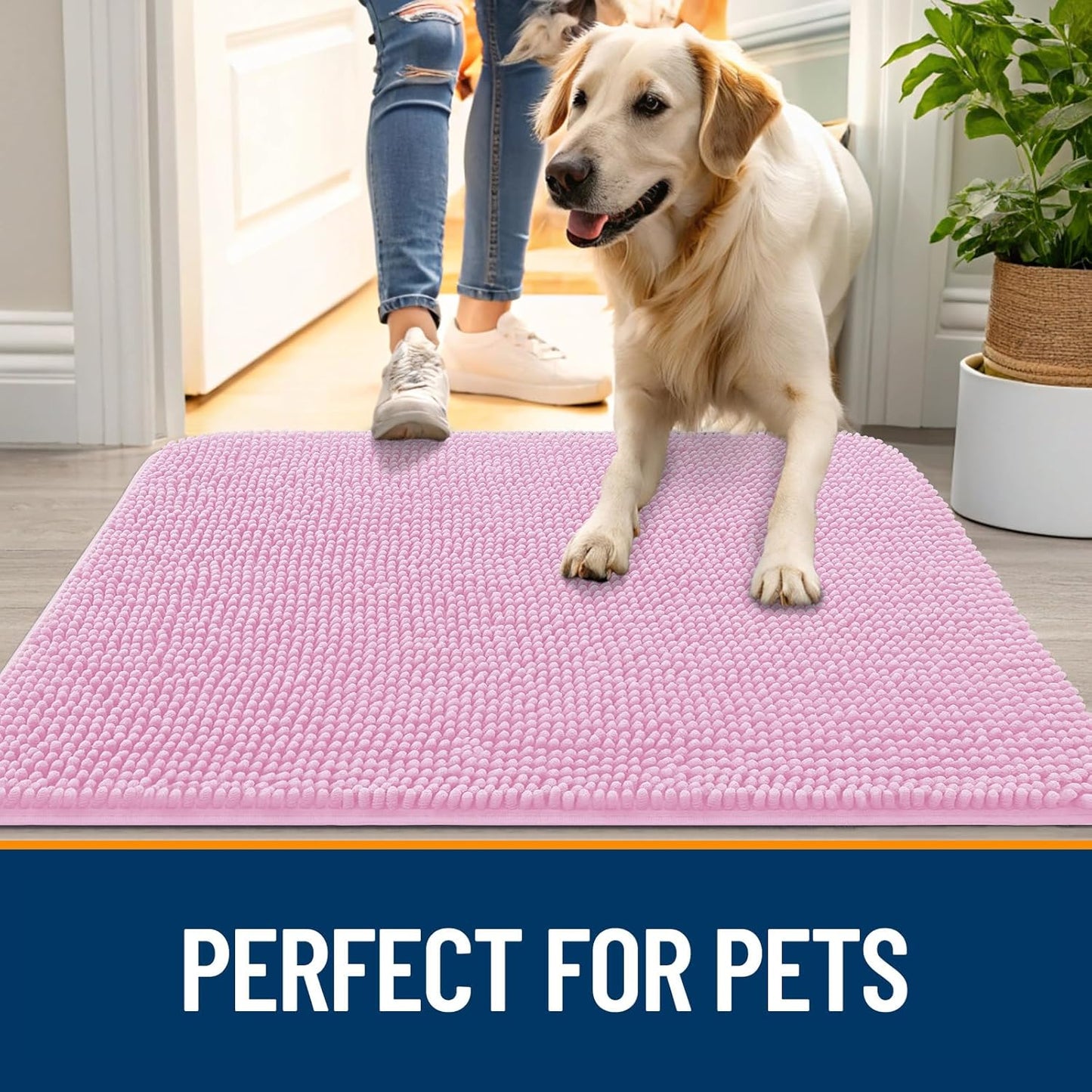 OLANLY Dog Door Mat for Muddy Paws 30x20, Absorbs Moisture and Dirt, Absorbent Non-Slip Washable Doormat, Quick Dry Chenille Mud Mat for Dogs, Entry Indoor Entryway Carpet for Inside Floor, Pink