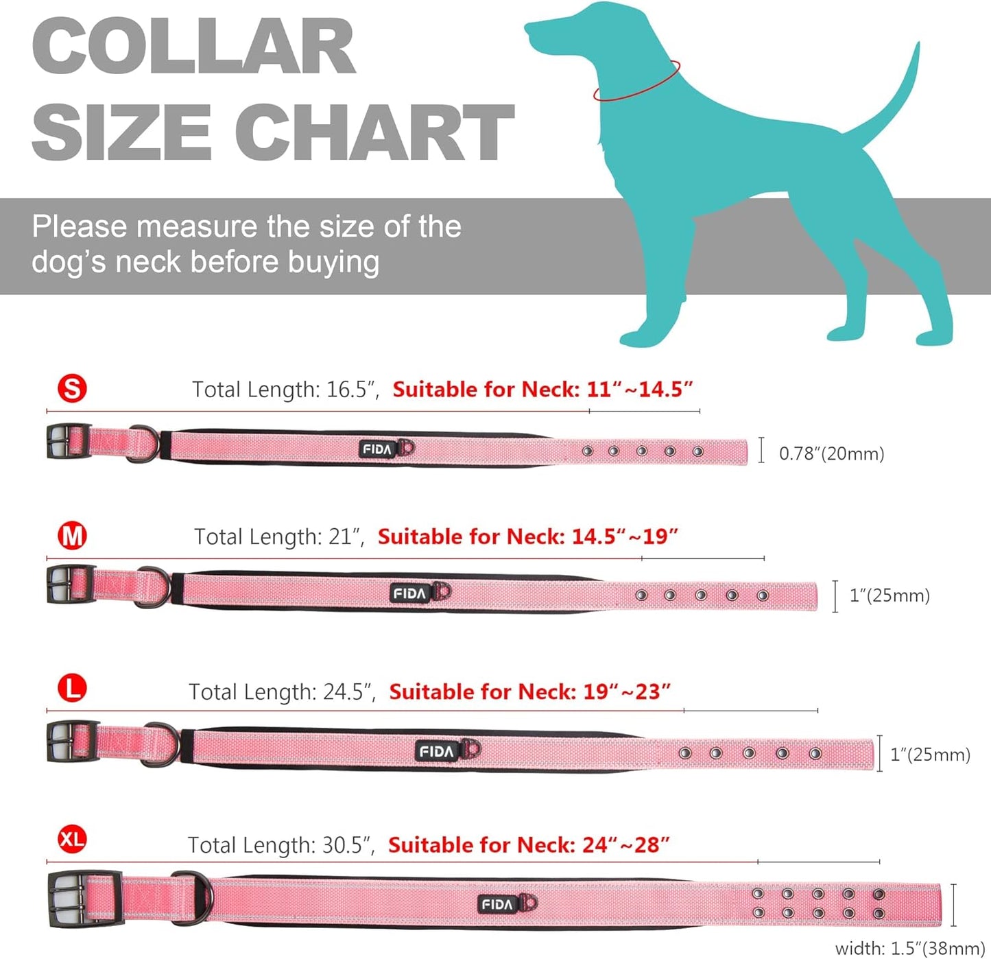 Fida Heavy Duty Dog Collar, Ultra Comfortable Soft Neoprene Padded, Adjustable Reflective Nylon Pet Collar with Durable Metal Belt Buckle for Medium Breeds (M, Pink)