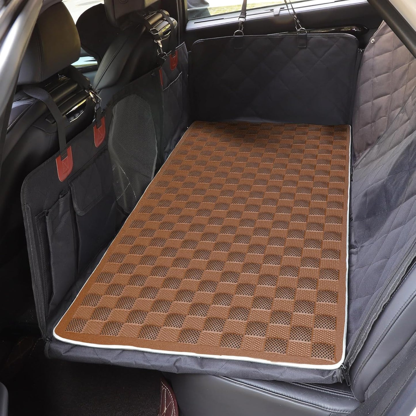 Non-Slip Pet Bed Mat for Back Seat Extender, Hair Resistant Dog Blanket for Hard Bottom Dog Car Seat Cover, Anti Slip Pet Linner Backseat Cover Brown Plaid