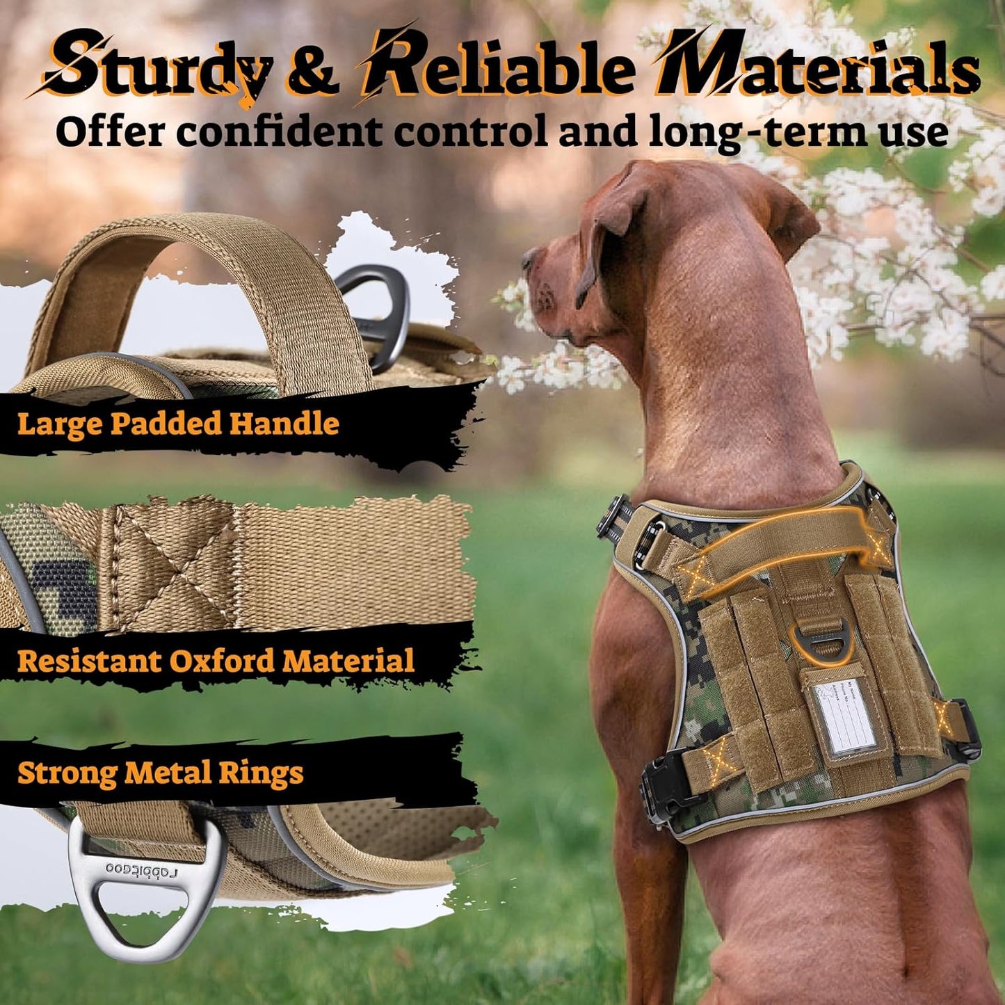 rabbitgoo Dog Harness for Large Dogs No Pull, Tactical Service Pet Vest with Molle and Control Handle, Adjustable and Reflective Military Harness for Easy Walking and Training, Brown camo, XL