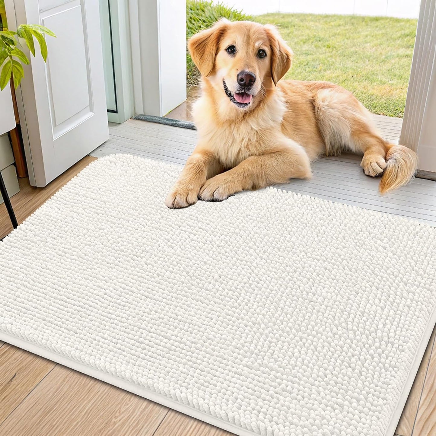 Smiry Dog Door Mat for Muddy Paws 36x24, Absorbs Moisture and Dirt Doormat, Non-Slip Washable Quick Dry Chenille Front Door Mat Indoor Entrance, Entryway Carpet for Inside Floor, Ivory