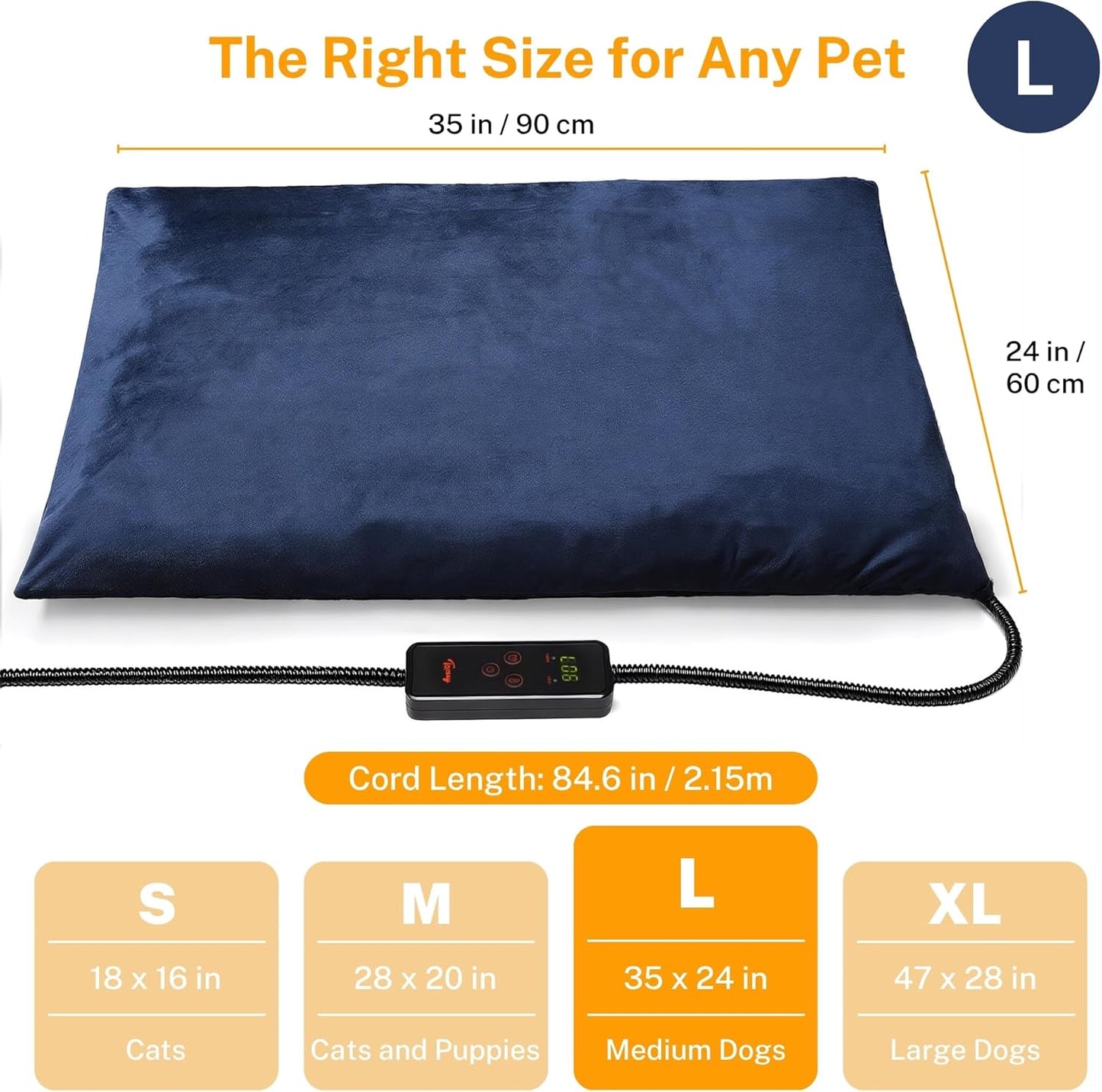 Toozey Large Pet Heating Pad, 6 Adjustable Temperature Dog Cat Heating Pad with Timer, Waterproof Heated Dog Bed with Chew Resistant Cord, Indoor Electric Pet Heated Mat 35x24in