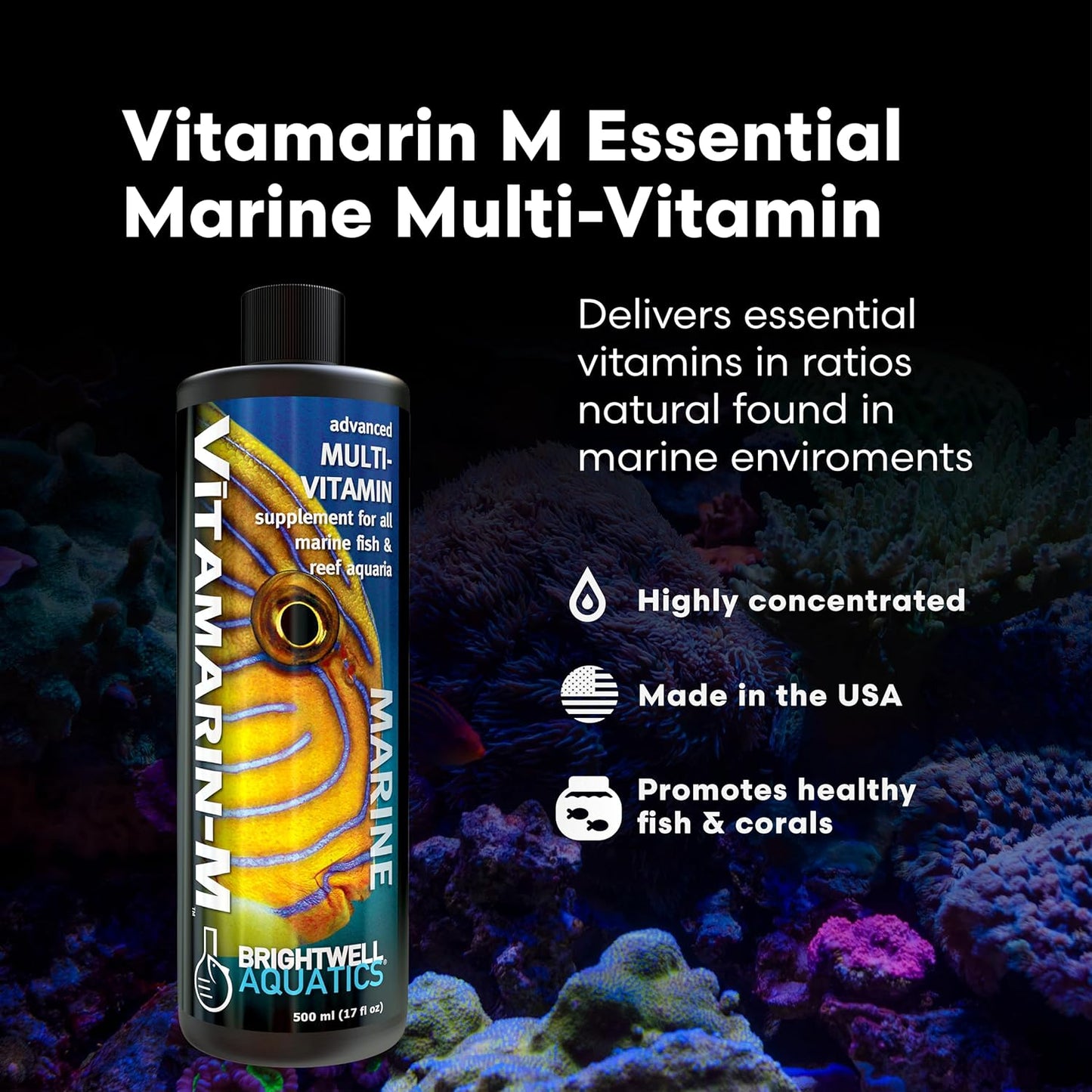 Brightwell Aquatics Vitamarin-M – Complete Vitamin Supplement for Marine Fish, Corals & Invertebrates – Supports Growth, Color & Immune Health – No Refrigeration, 500 ml