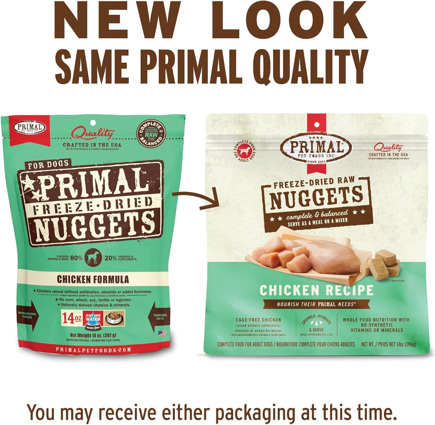 Primal Freeze Dried Dog Food Nuggets, Chicken; Complete Balanced Meal, Topper or Treat; Premium, Healthy, Grain Free, High Protein Raw Dog Food, 14 oz