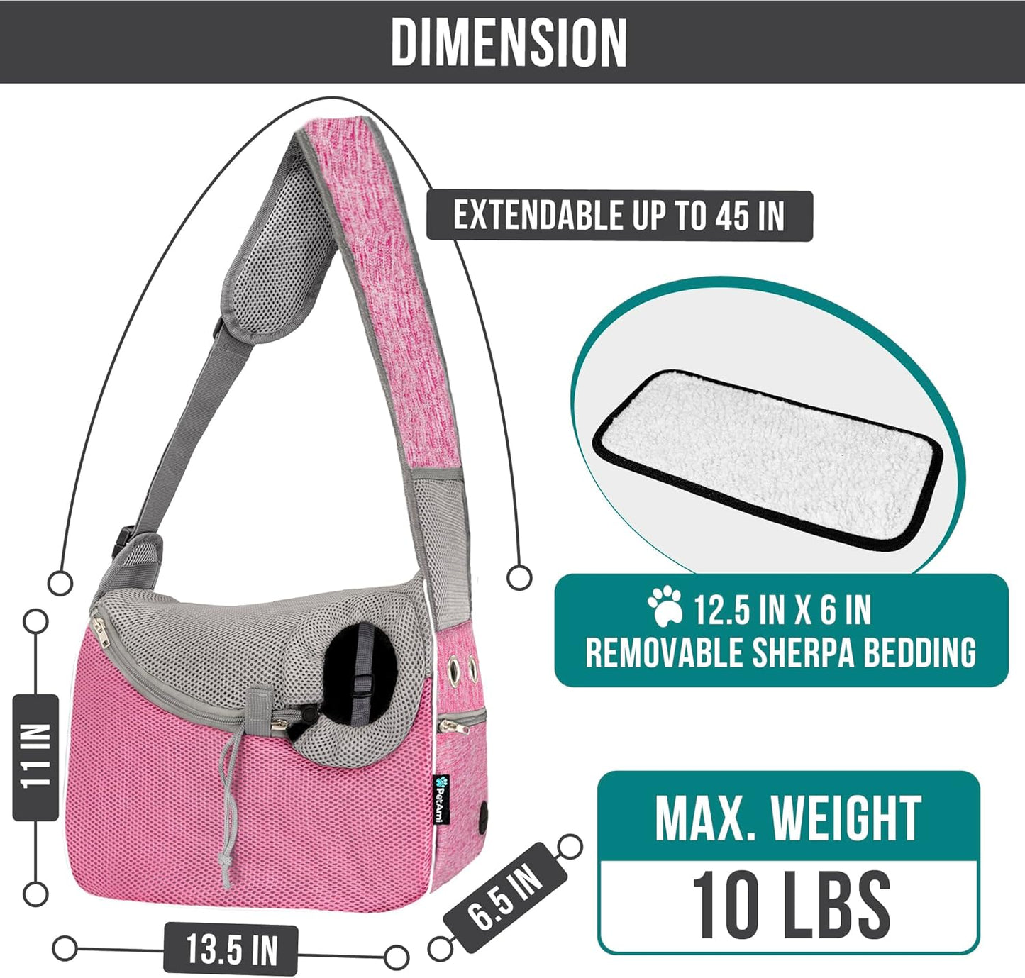 PetAmi Small Dog Sling Carrier, Soft-Sided Crossbody Puppy Carrying Purse Bag, Adjustable Sling Pet Pouch to Wear Medium Dog Cat Travel, Dog Bag for Traveling, Poop Bag Dispenser, Max 10 lbs, Pink
