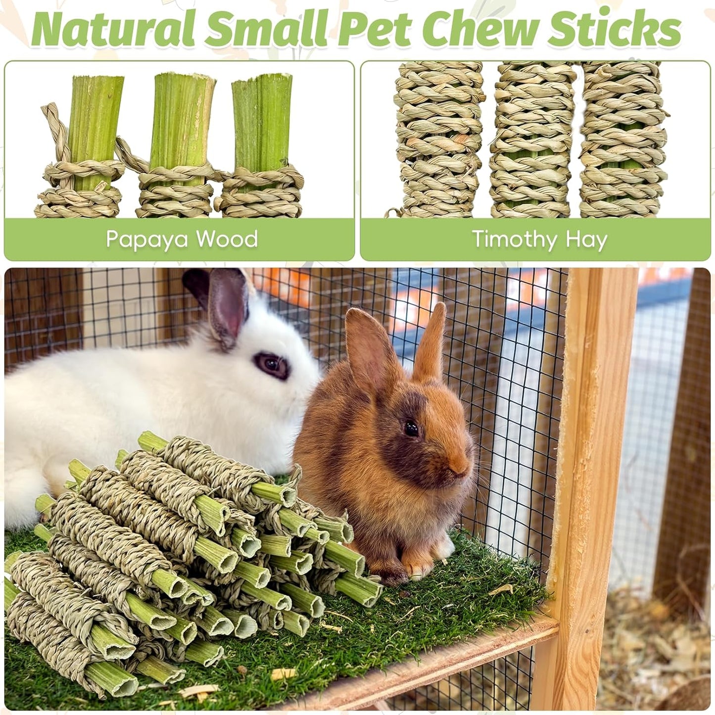 Fhiny 24 PCS Rabbit Chew Sticks, Natural Papaya Wood Seagrass Guinea Pig Chew Toys for Teeth Small Animal Molar Sticks Snacks for Bunny Guinea Pig Chinchilla Ferret Hamster Gerbil Dental Care