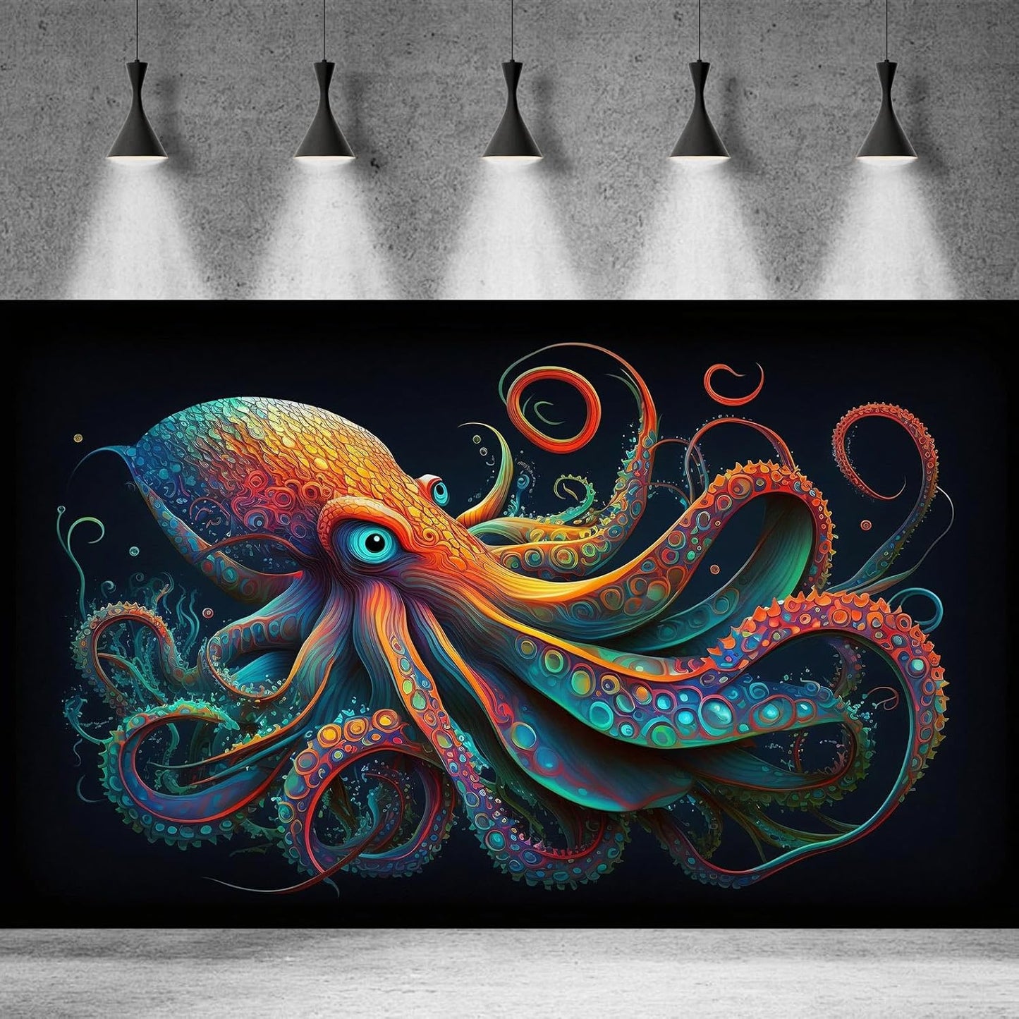 Octopus Aquarium Background Abstract Colorful Octopus Terrarium Background Glowing Octopus on Black Background Fish Tank Backdrop Poster Wallpaper Decorations Vinyl 48x20in