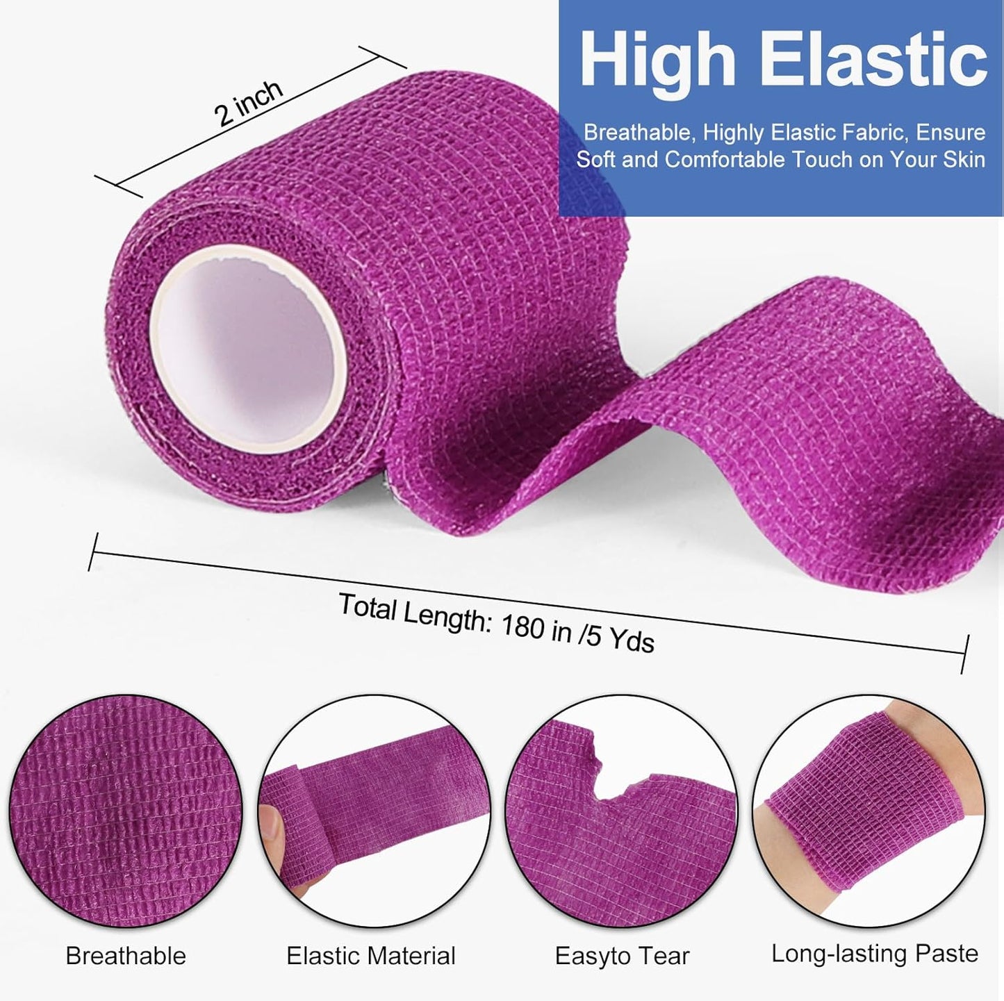 24 Pack 2 Inch x 5 Yards Self Adhesive Bandage Wrap, Elastic Cohesive Wrap 2 inch Vet Wrap Bandage Tape, Purple Grip Tape for Athletic, Sports, First Aid Medical, Wrist, Ankle Sprains