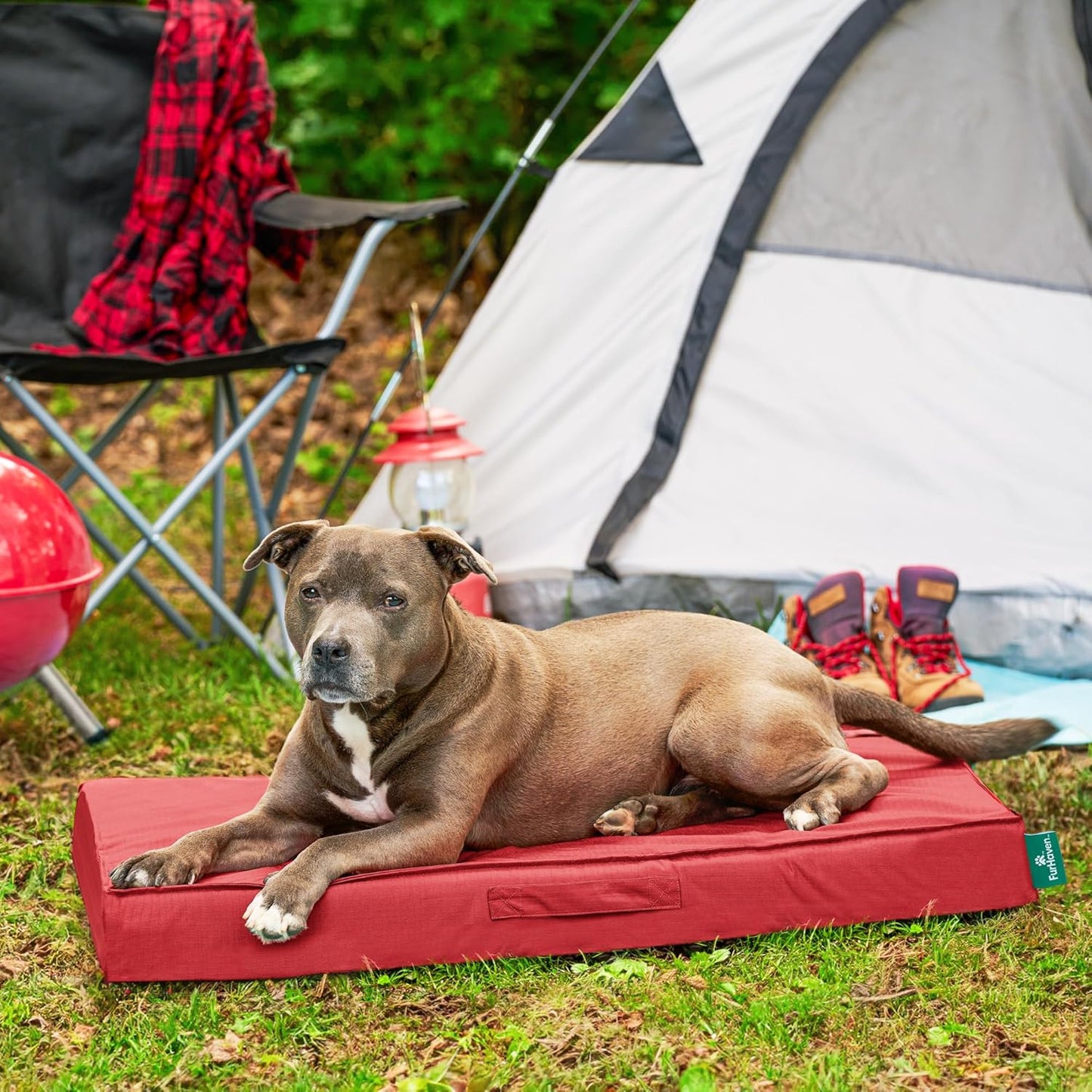 FurHaven Cooling Dog Bed – Large Foam Mattress for Joint Pain Relief, Waterproof Liner, Removable Washable Cover, Durable for Outdoor Use, Deluxe Grid Indoor/Outdoor Bed – Red, Large