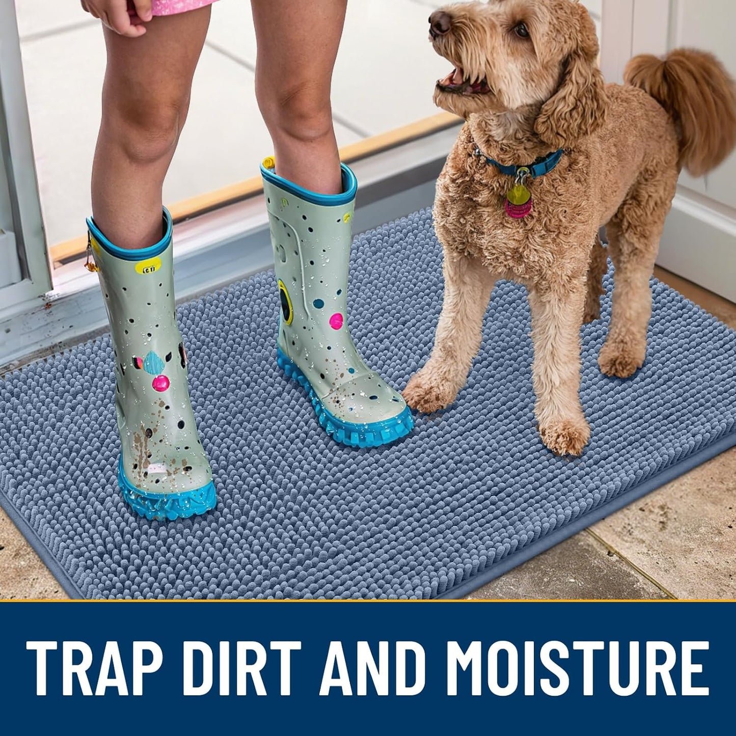 Smiry Dog Door Mat for Muddy Paws 24x16, Absorbs Moisture and Dirt Doormat, Non-Slip Washable Quick Dry Chenille Front Door Mat Indoor Entrance, Entryway Carpet for Inside Floor, Airy Blue