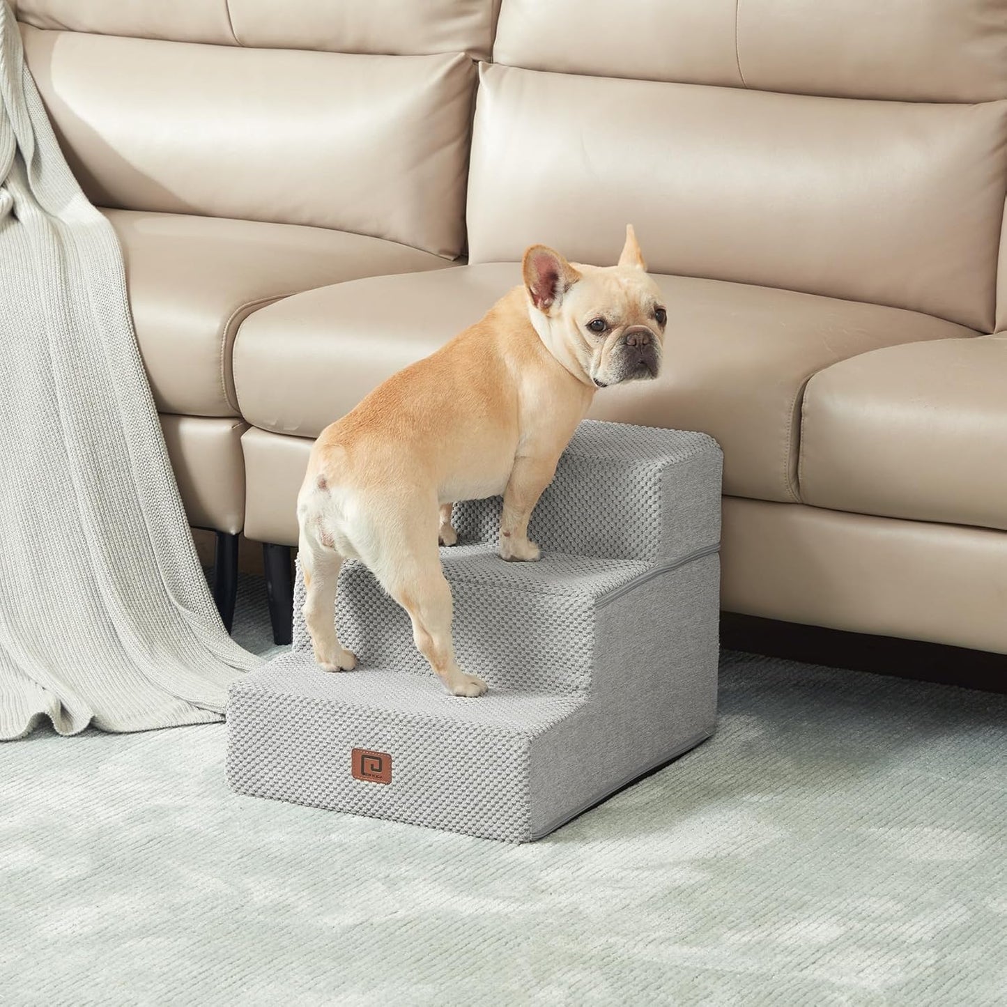 EHEYCIGA Dog Stairs for Small Dogs 13.5" H, 3-Step Dog Steps for Couch Sofa and Chair, Pet Steps for Medium Cats, Non-Slip Balanced Pet Ramp Indoor, Light Grey