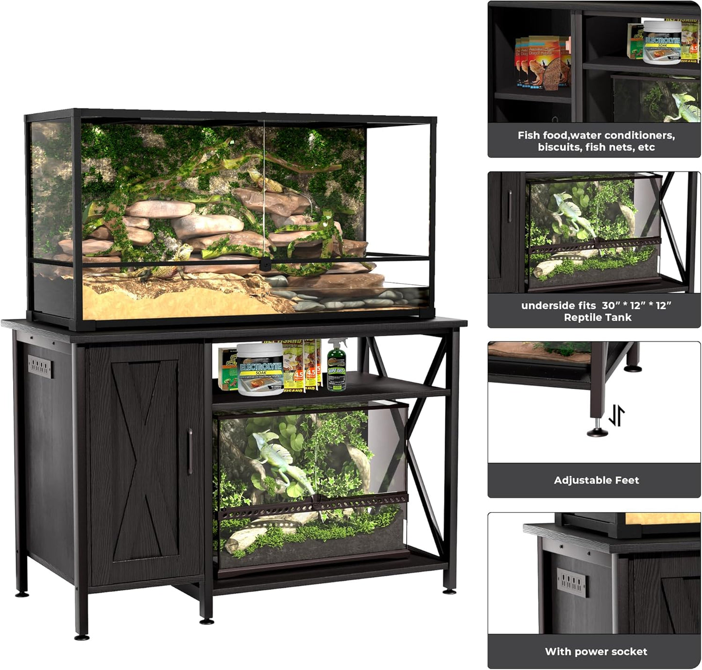 40-120 Gallon Reptile Tank Stand with Power Outlet, Terrarium Stand with Storage Cabinet, 48" X 24" Tabletop, Reptile Terrarium,Turtle Tank Black PG08XYB