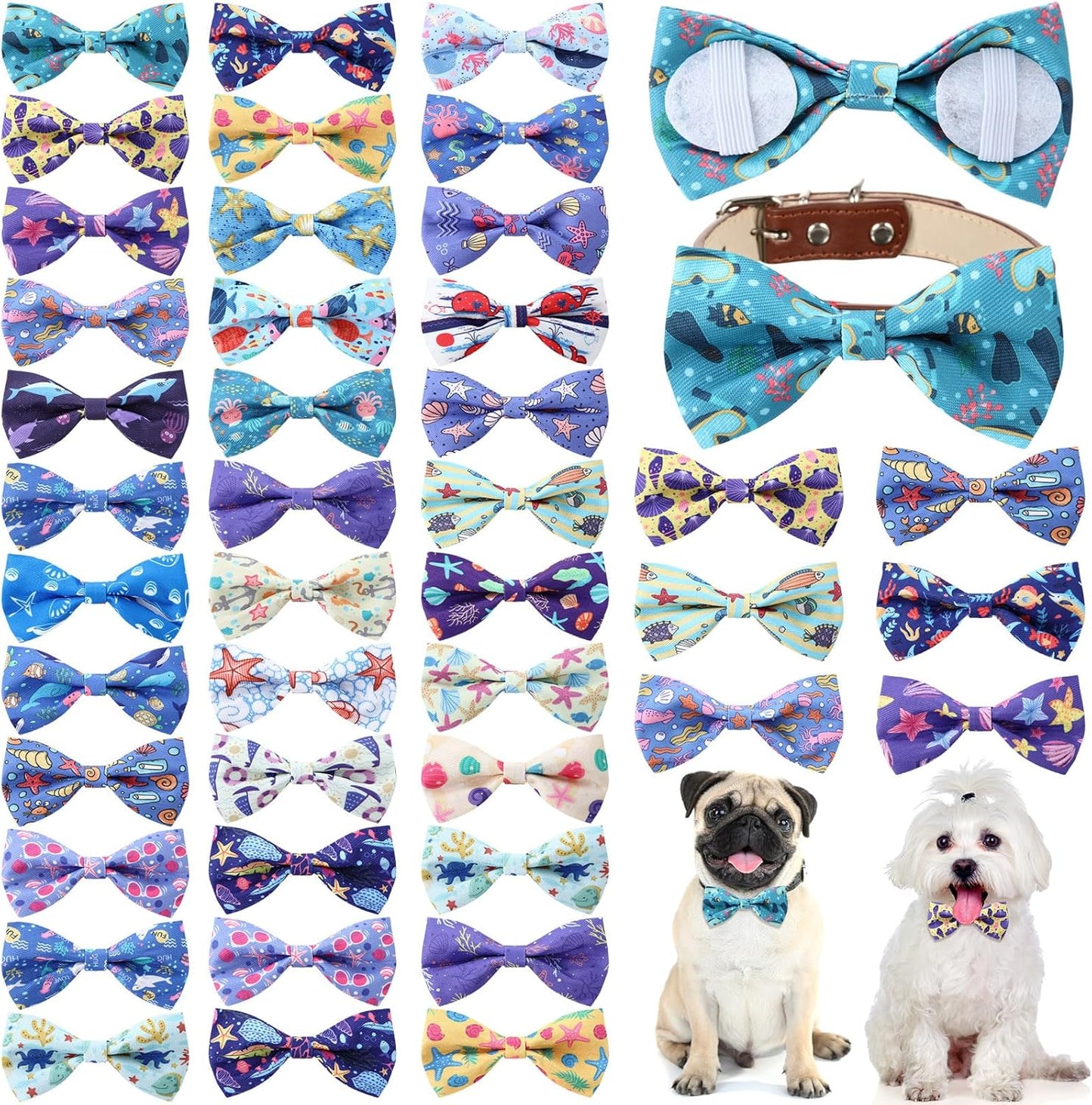 Reginary 50 Pieces Dog Bow Ties Pet Collar Bow Puppy Collar Attachment with Rubber Bands for Small Medium Cat Pet Grooming Charms Accessories Wedding Birthday Occasion(Sea Style)