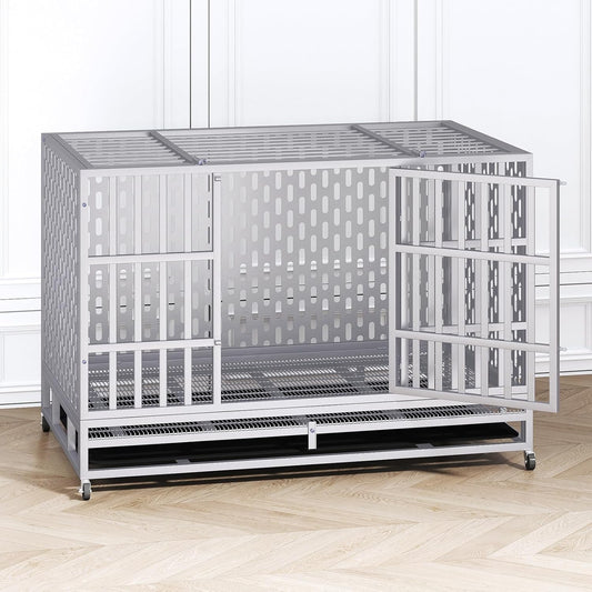 48 Inch Heavy Duty Indestructible Dog Crate Steel Escape Proof, Indoor Double Door High Anxiety Cage, Kennel with Wheels, Removable Tray,Silver,Extra Large XL XXL