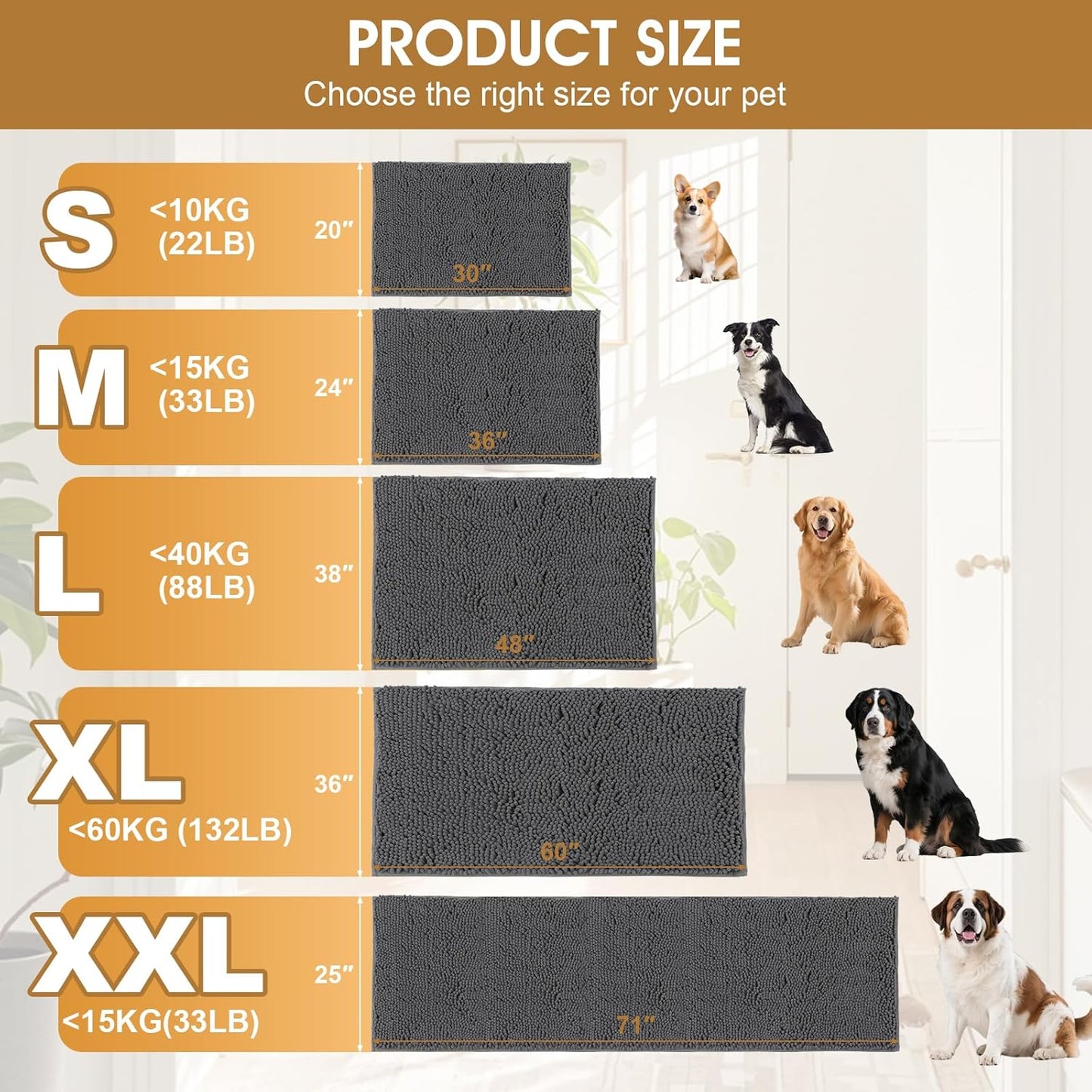 IM HOME Extra Large Dog Door Mats for Muddy Paws, Chenille Absorbent Dog Mats, Non Slip Heavy Mud Mat for Dogs, Soft Pet Mat for Entryway, Mud Paws, Inside Floor,60" x 36", Grey