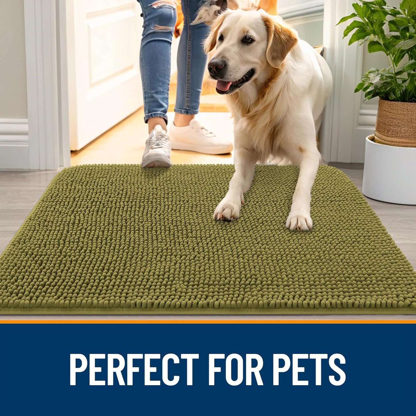 OLANLY Dog Door Mat for Muddy Paws 44x24, Absorbs Moisture and Dirt, Absorbent Non-Slip Washable Doormat, Quick Dry Chenille Mud Mat, Entry Indoor Entryway Carpet for Inside Floor, Willow Green