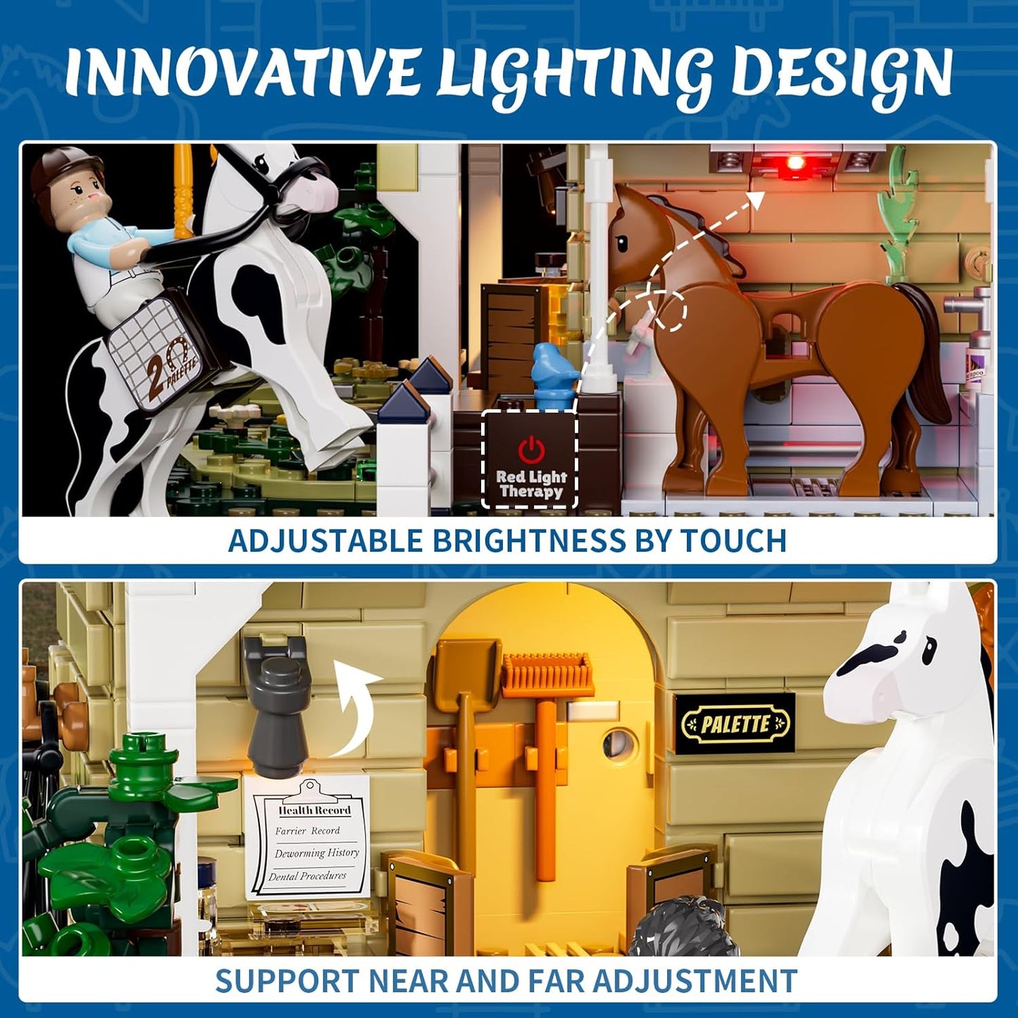 FUNWHOLE Farm Horse-Stable Lighting-Building-Bricks Set - Farm Life Horse Animals Cabin Collection LED Light Cottage Model Display Set 973 Pcs for Adults and Teen