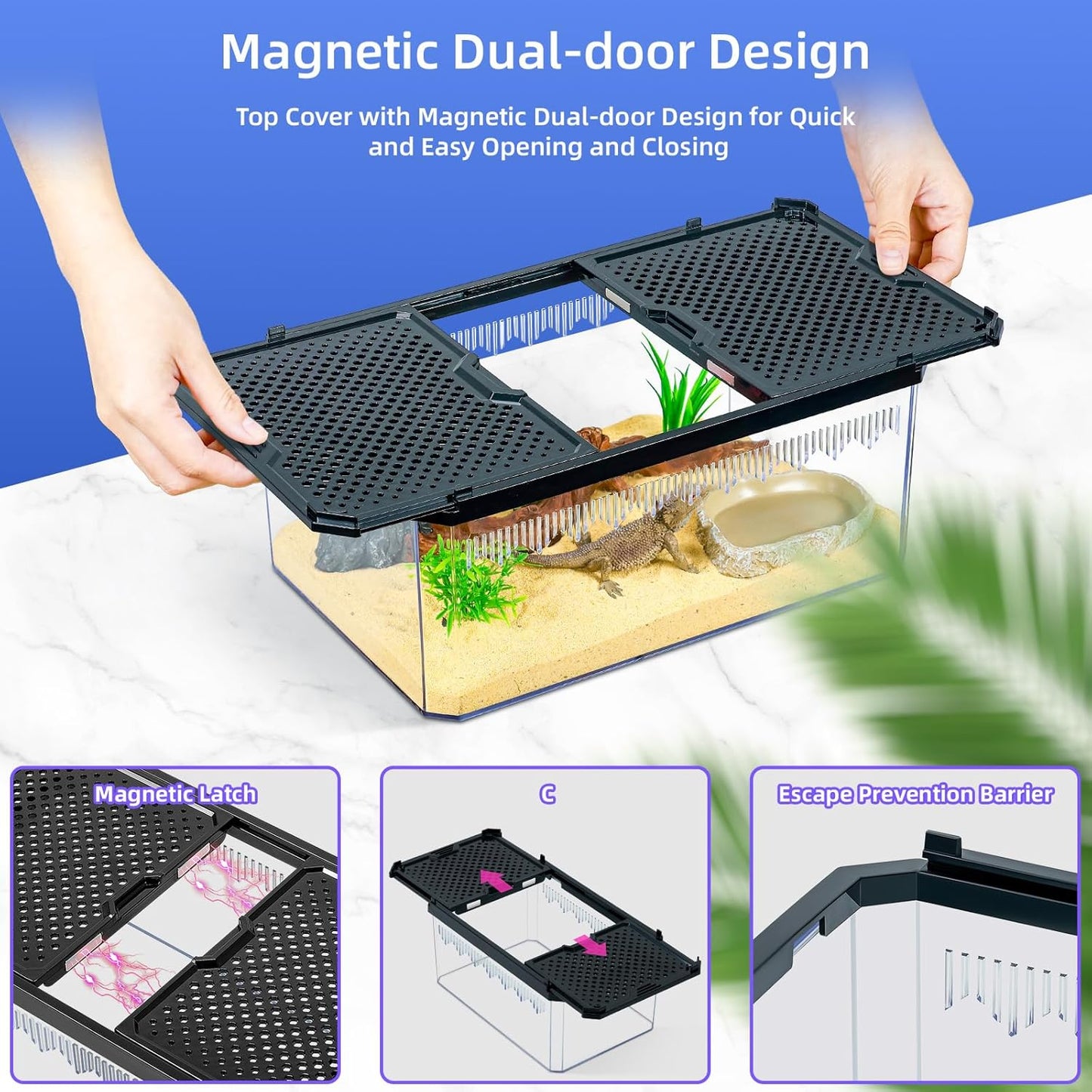 High-Transparency Reptile & Insect Enclosure Terrarium with Magnetic Door, Excellent Ventilation, Easy Cleaning, and Strong, Long-Lasting Build for Gecko, Tarantula, Hermit Crab (12x8.1x5.3 Inch)