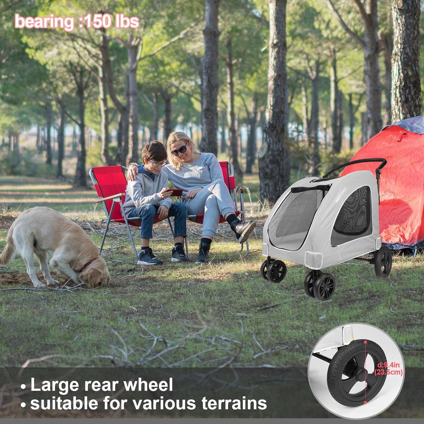 Large Dog Travel Stroller with 4 Heavy Duty Wheels Pet Stroller with Adjustable Handle - Double Doggie Capacity Jogger Wagon with Back Front Door for Small Medium Large Dogs (Grey)