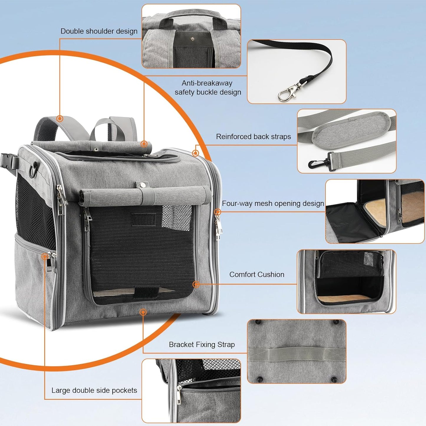 Xixter Dog Basket for Bike, Suitable for Small & Medium Pet Up to 7 kg, Foldable 4-in-1 Pet Bike Basket, Crossbody, Shoulder and Car Seat, with Sturdy Bracket and 4 Mesh Windows, Gray