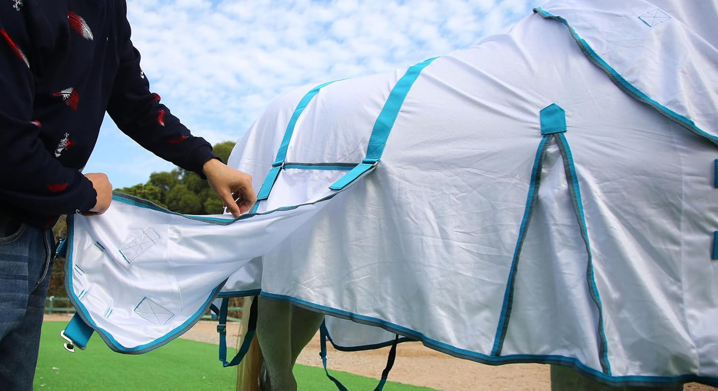 Horse Fly Sheet with Detachable Neck Cover & Belly Wrap, Adjustable Fly Sheet for Horses, Ventilated Airflow Mesh Equine Cooling Summer Flysheet White 78