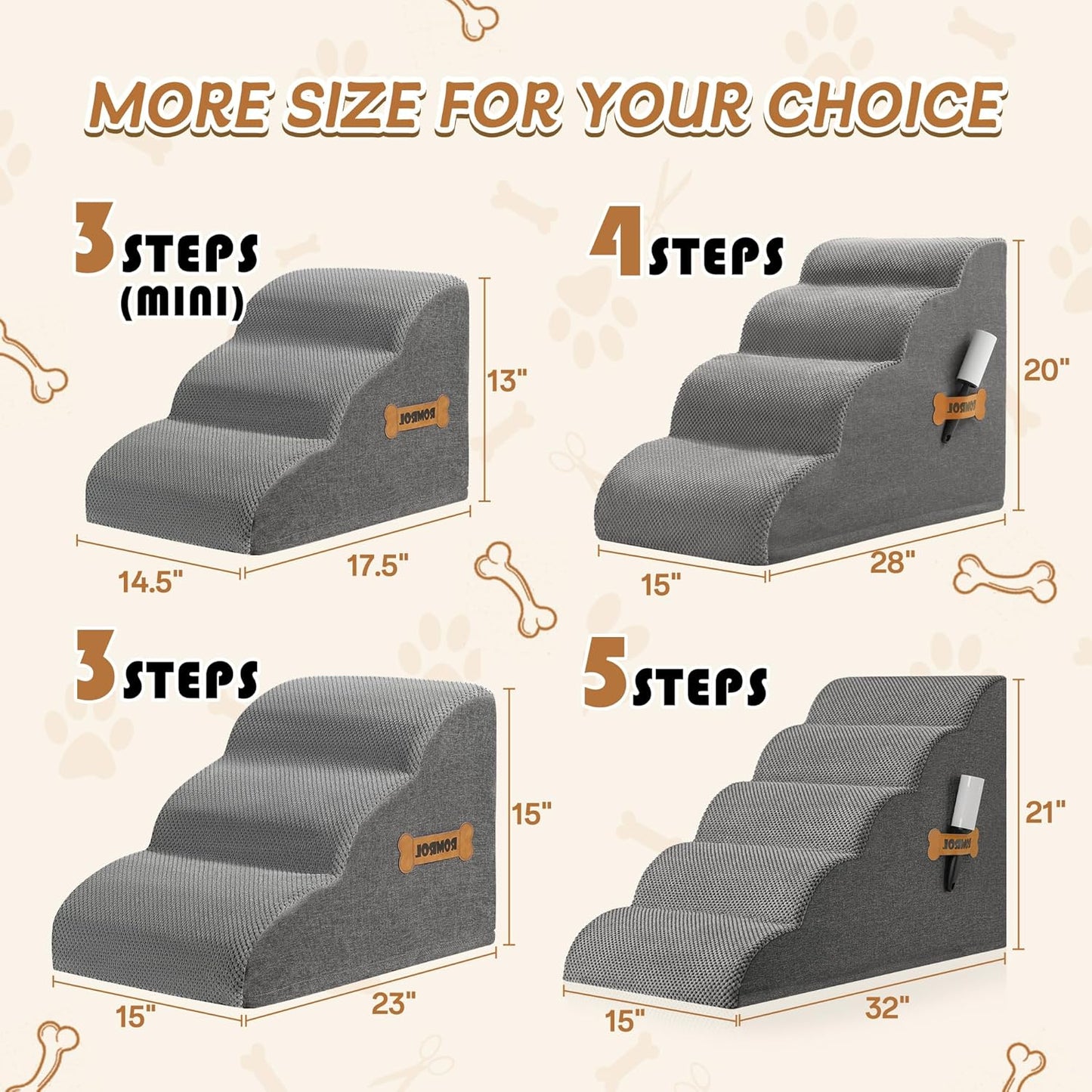 Dog Stairs, Romrol Dog Steps Ramp for High Bed and Couch, Dogs Ramp with Durable Non-Slip Waterproof Fabric Cover, Pet Stairs for Small Dogs and Cats or Pets Joints, 4-Tiers,Grey