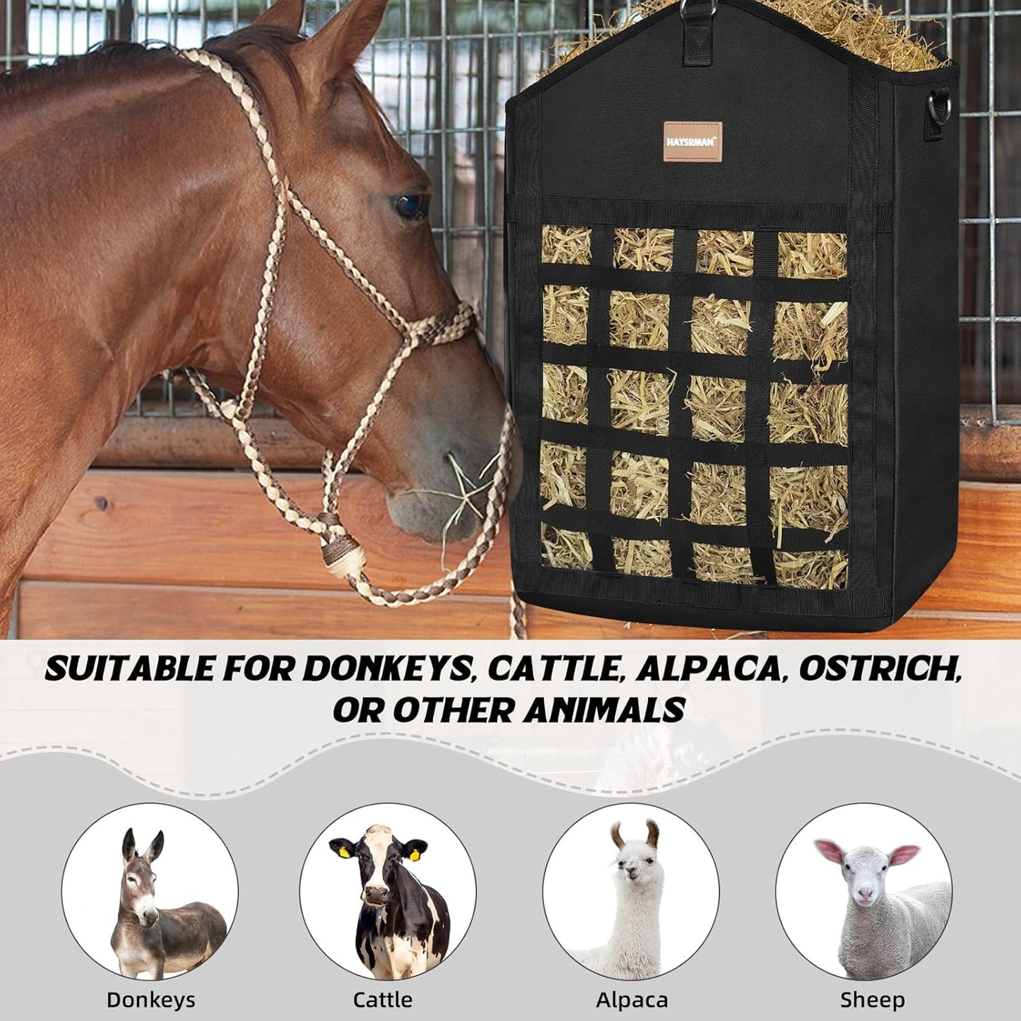 Innovative Hay Bags for Horses, Goat Hay Feeder with Reinforced Oxford Fabric and High Strength Metal Clasp,Horse Feeding Supplies with Adjustable Strap for Easy Hanging (2 Black+1 Purple)