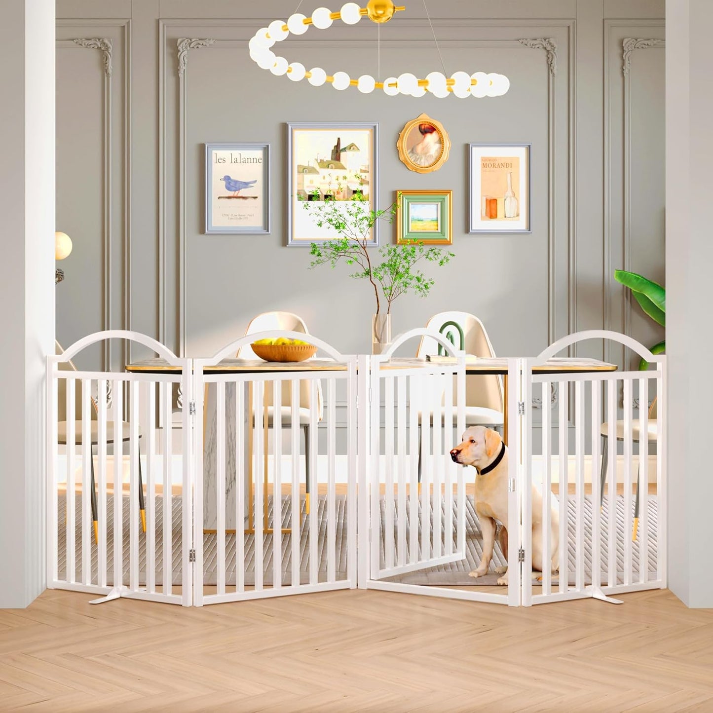 BHG Metal No-Assembly Freestanding Dog Gate with Door Walk Through, Extra Wide 96", Extra Tall 32" Pet Gate, Accordion Puppy Folding Playpen Dog Fence for Indoor & Outdoor, with 2PCS Support - White