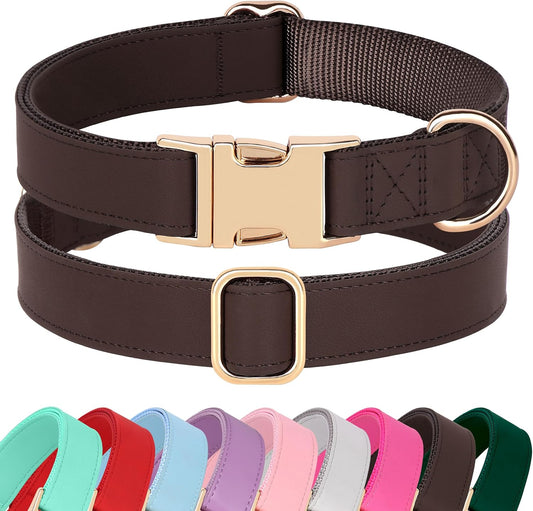 PET ARTIST PU Leather Dog Collar, Bright & Stylish Brown Dog Collar with Quick Release Gold Metal Buckle, Soft Nylon Padded Durable Pet Collars Adjustable for Medium Dogs, Neck Fit 13-19"