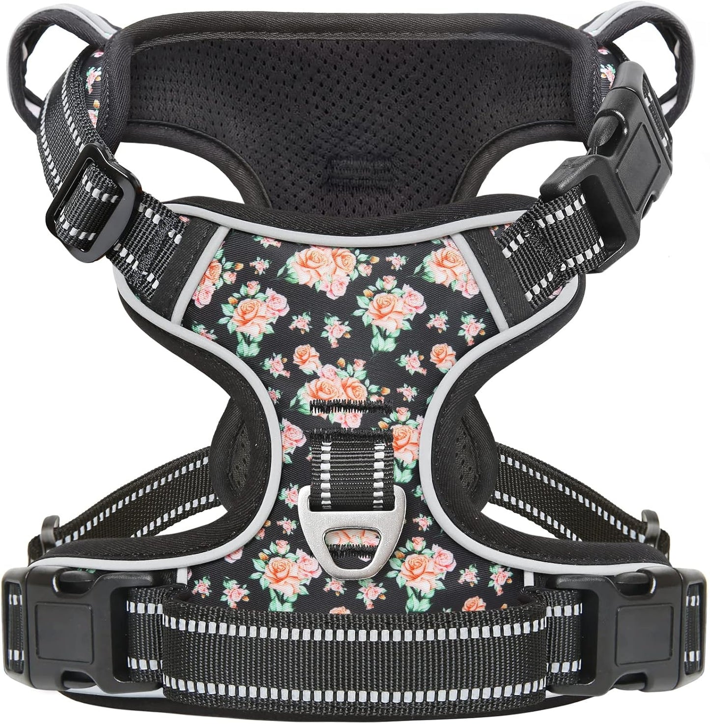 Timos Dog Harness, 3 Snap Buckles No-Pull Soft Padded Dog Vest with 2 Metal Leash Clips,Adjustable Reflective No Choke Pet Harness with Easy Control Handle for Small Dogs,Black Rose,S
