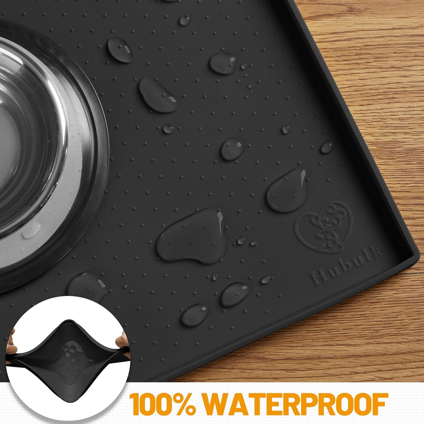Hubulk Dog Feeding Mat,100% Waterproof Food Grade Silicone Pet Food and Water Bowl Placemat,Dishwasher, High Raised Edge to Prevent Spills,Nonslip Tray to Stop Messes on Floor (19"x12"x0.5", Black)