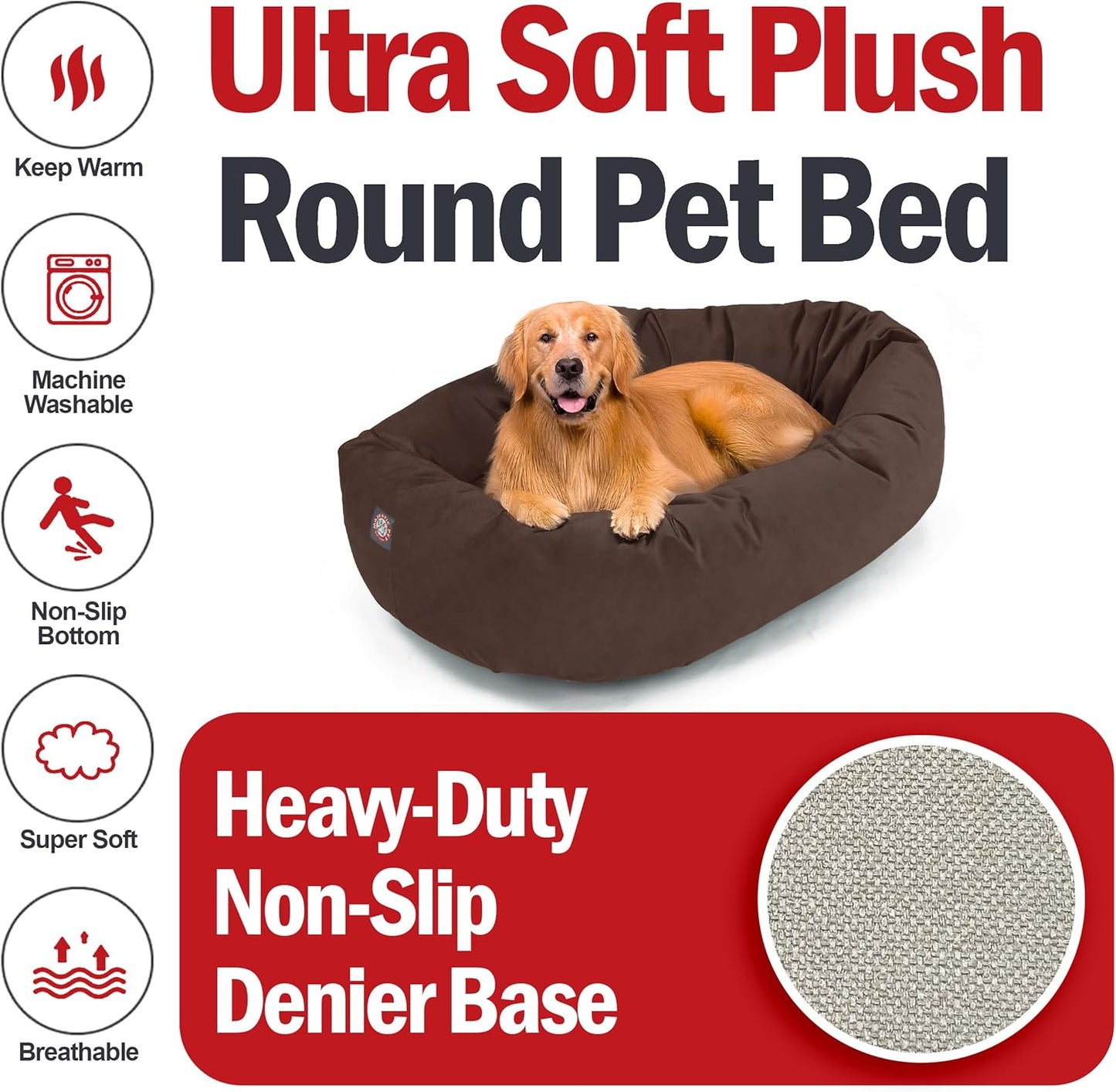 Majestic Pet 40 Inch Suede Shredded Memory Foam Mix Calming Large Dog Bed Washable 40 x 29 x 9 (Inch) - Cozy Soft Round Donut Dog Bed with Spine for Head Support - Pet Bed Chocolate