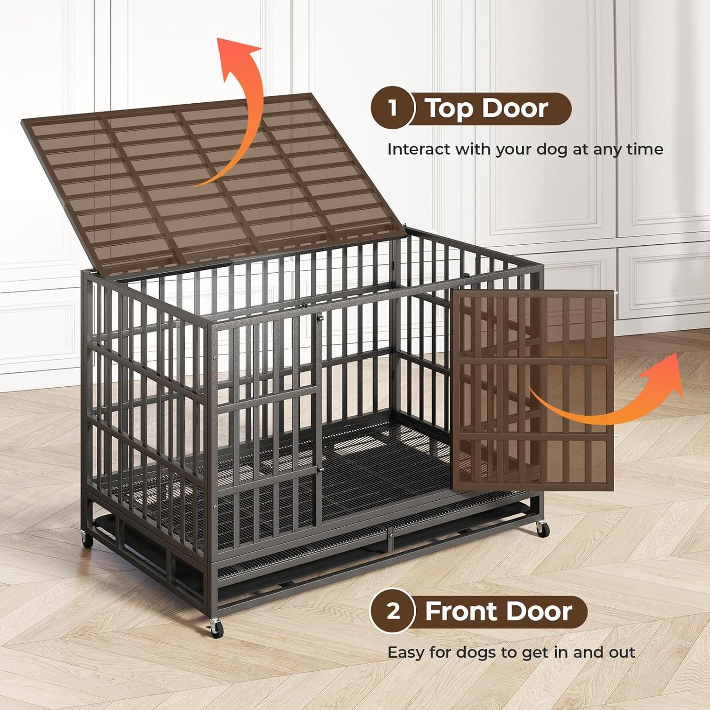 48/42/38 Inch Heavy Duty Indestructible Dog Crate,Escape Proof Dog Cage Kennel for Small Medium Dogs Indoor Double Door Dog Crate with Wheels, Lock& Removable Tray