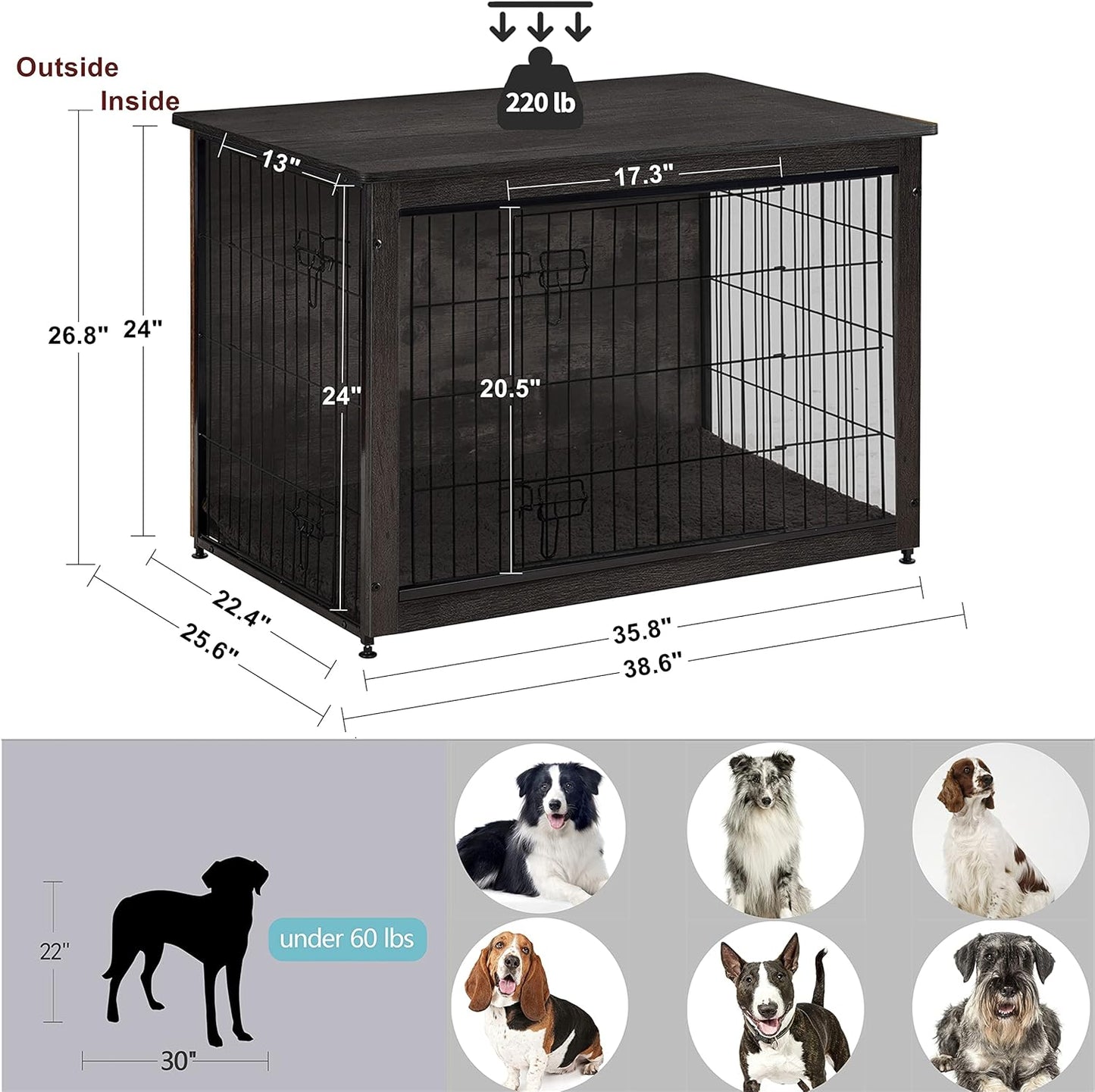 DWANTON Dog Crate Furniture with Cushion, Wooden Kennel Table with Double Doors, Indoor Dog House, Large Size, 38.5" L, Dark Gray