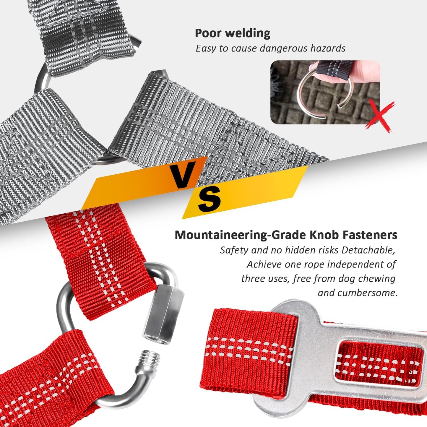 Removable Dog Seat Belt Harness for Car, 3 in 1 Pet Dog Car Seatbelt Leash, Retractable Restraint Secures to Vehicle Headrest & Adjustable Reflective Bungee Dog Seatbelt Tether, Red