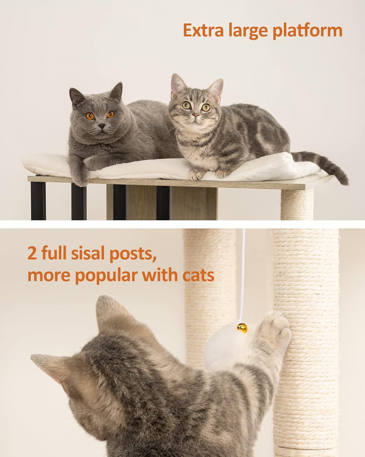 FourFurPets 43.8in 3-Tier Modern Cat Tree Tower Condo, Cat Scratch Posts for Indoor Cats, Big Plate, Two 19.7in Full Sisal Scratching Posts, Greige
