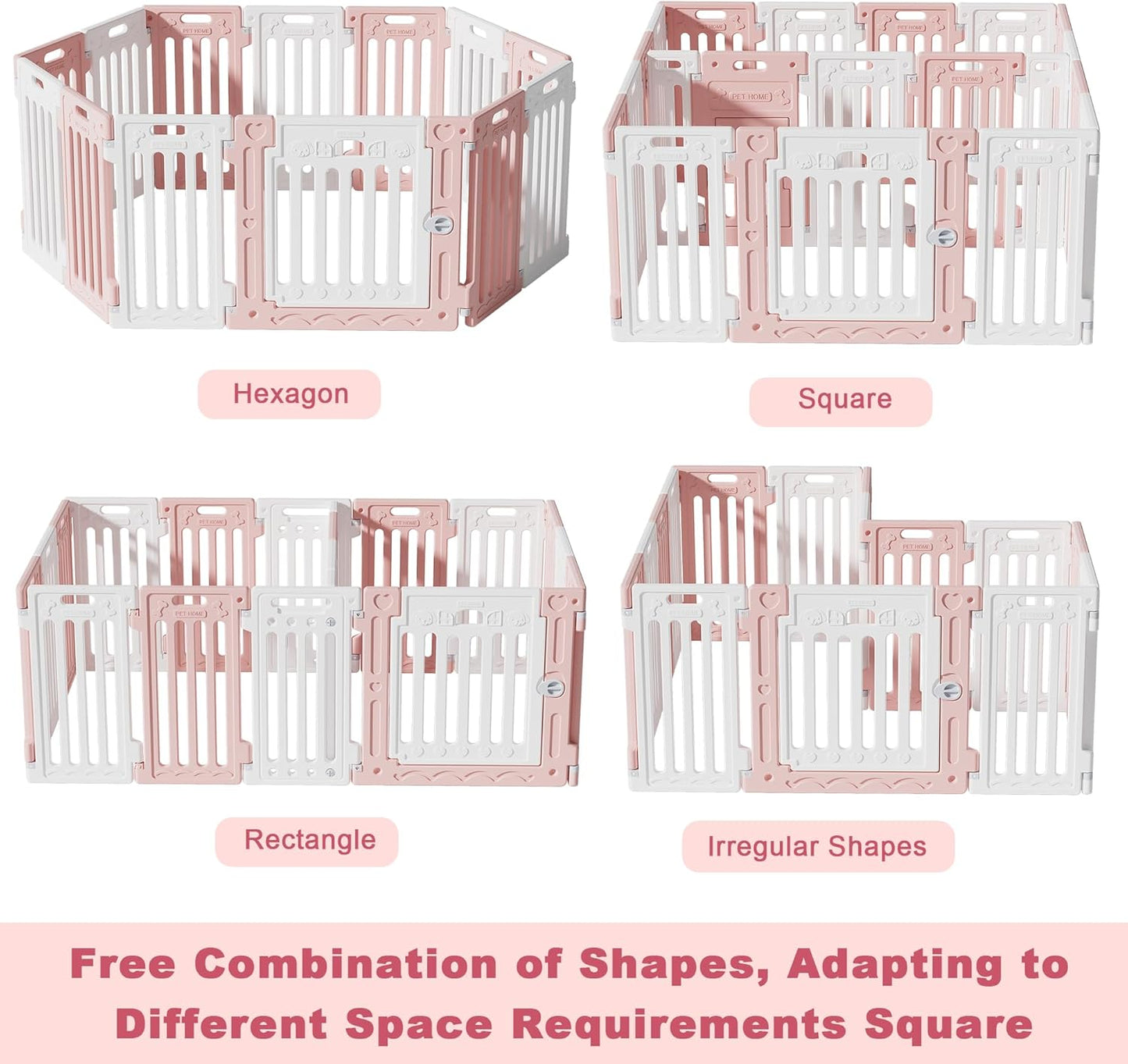 2 Room Dog Playpen with Door,DIY Shape Combination Puppy Pen,16-Panel+2 Link Piece+Large Door+Small Door,25.5" H Dog Fence,Non-Slip&Secure Pet Gate,Easy to Assemble,Pink + White