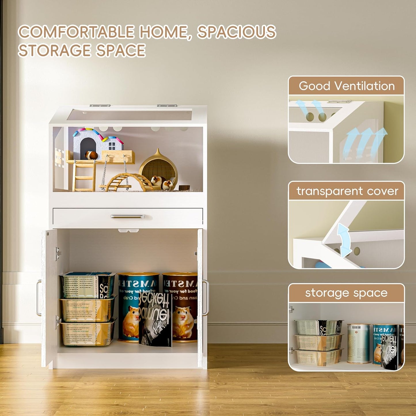 Hamster Cage with Storage Cabinet, Guinea Pig Cage for Small Animals, Large Hamster Cage and Habitat with Easy View Acrylic Panels for Hamster, Rabbit, Guinea Pig, Hedgehog (24"x19"x40")