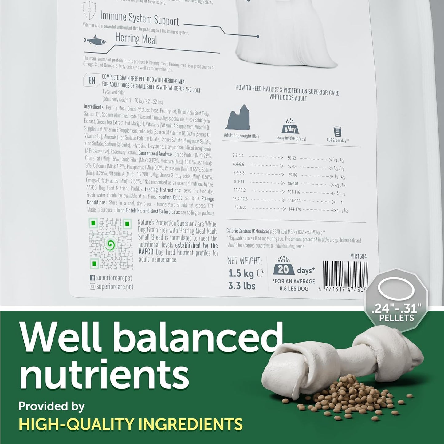 Nature's Protection Grain Free Dry Dog Food for Small Breed - High Protein Tear Stain Formula - Small Kibble for Adult Dogs with Light Fur (Superior Care - Herring, 22 lb)