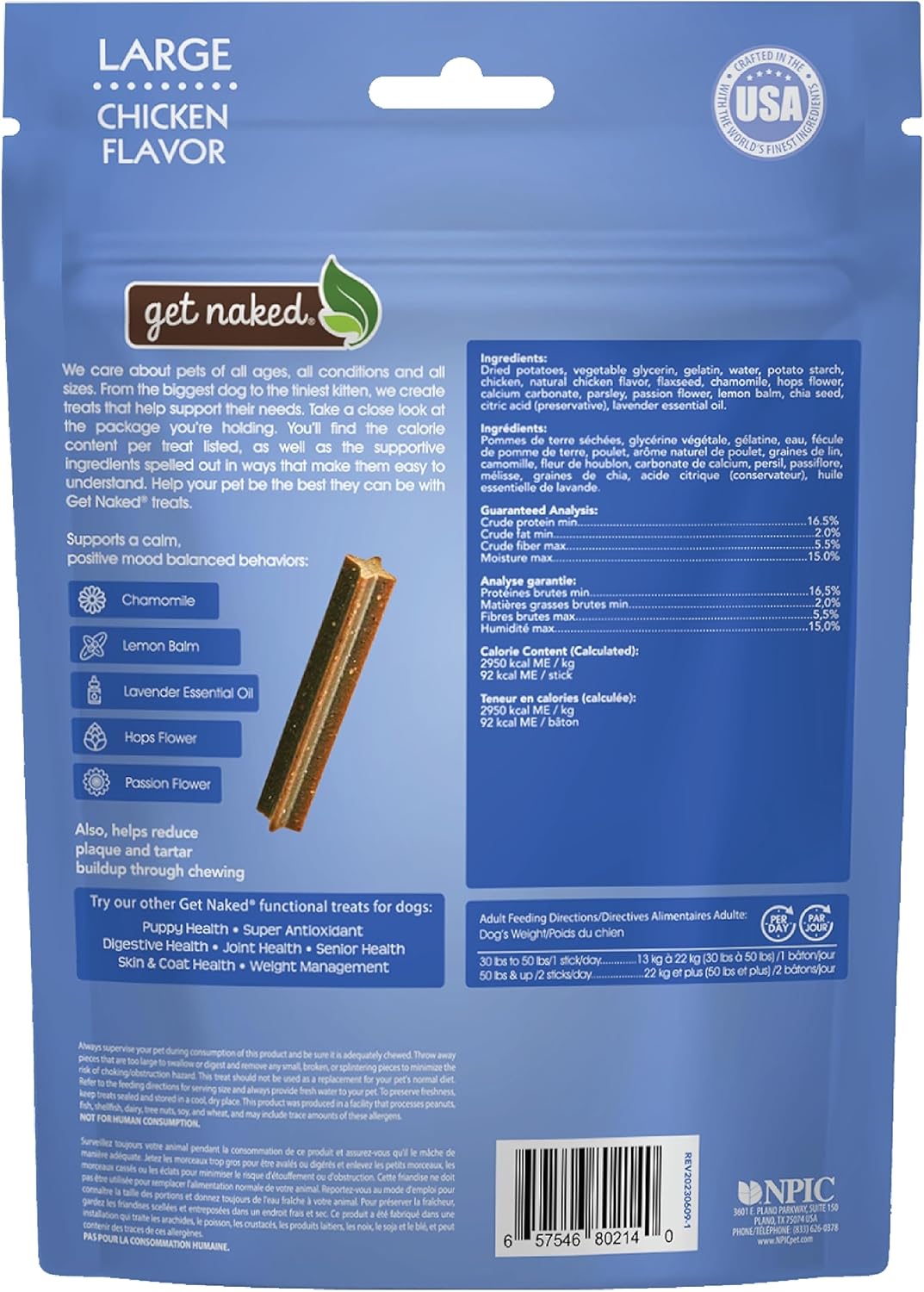 Get Naked Calming Dental Sticks for Dogs – Grain-Free Chicken Flavor, Anxiety Relief with Chamomile, Passion Flower, No CBD, Tartar Control, Gluten-Free – Large Sticks 6.6 oz Bag