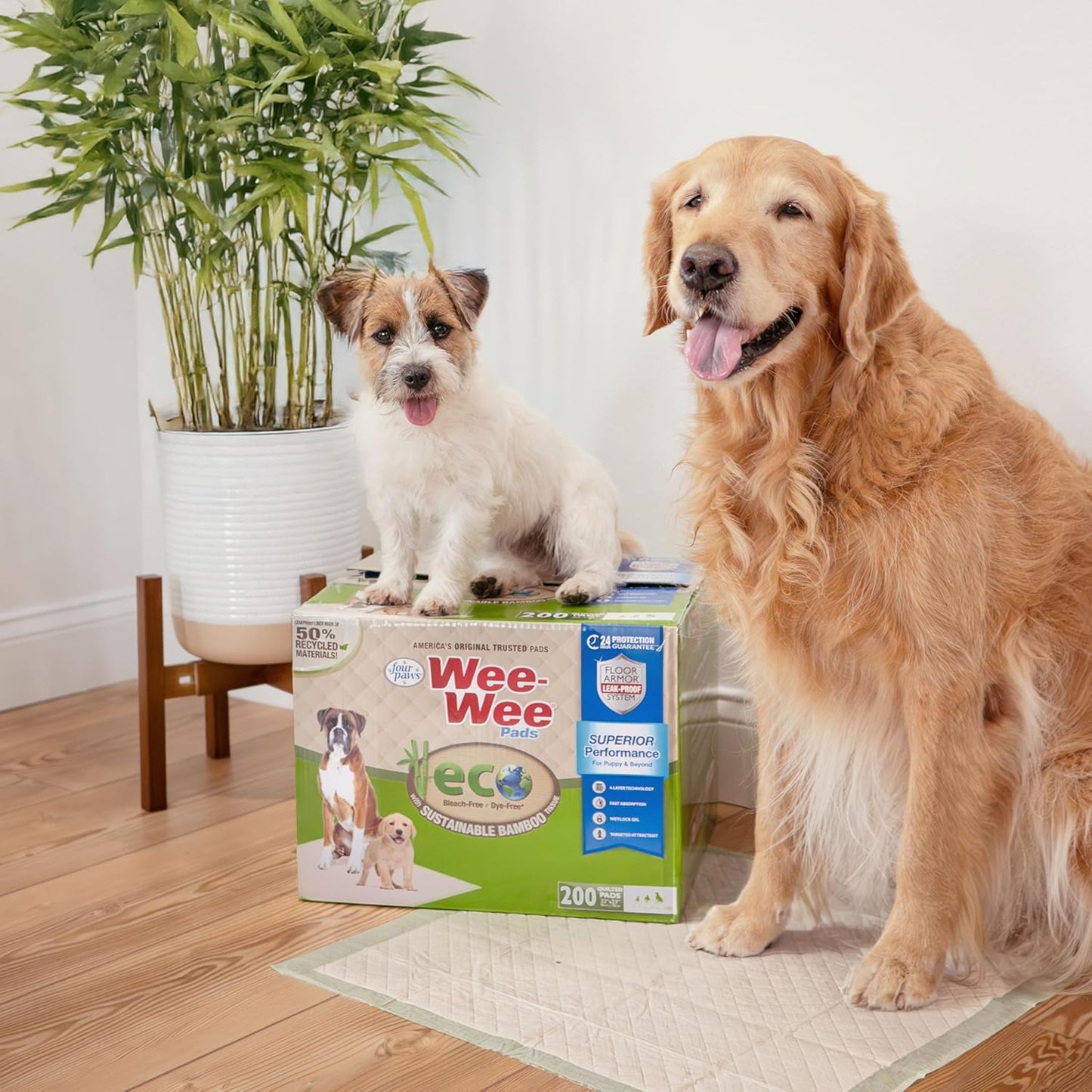 Four Paws Wee-Wee Superior Performance Bamboo Pee Pads for Dogs, Earth Friendly Dog & Puppy Potty Training Pads, Crate Liners, Housebreaking Supplies, 22" x 23" (14 Count)