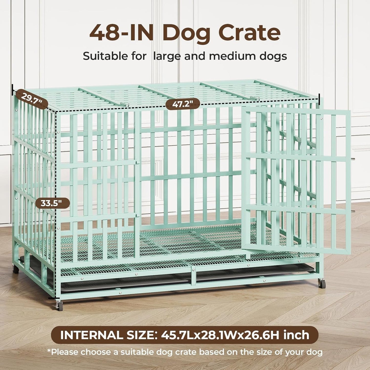 48IN Heavy Duty Dog Crate Steel Escape Proof, Indoor Double Door High Anxiety Cage Removable Tray, Extra Large,Green