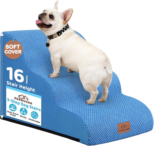 Dog Ramp and Stair for Bed 16" H-20 H,3-Step Cat Stair for Sofa and Chair,4-Step Dog Ramp for High Bed and Window,Durable Nonslip Fabric Cover for Indoor (Blue-16“H, Pet Friendly, 3)