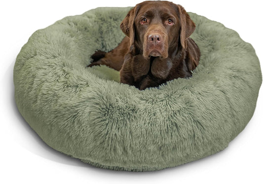 Best Friends by Sheri Original Calming Donut Dog and Cat Bed, Shag Faux Fur, Sage Green, (36in x 36in) - Anxiety Relief for Pets Up to 100 lbs