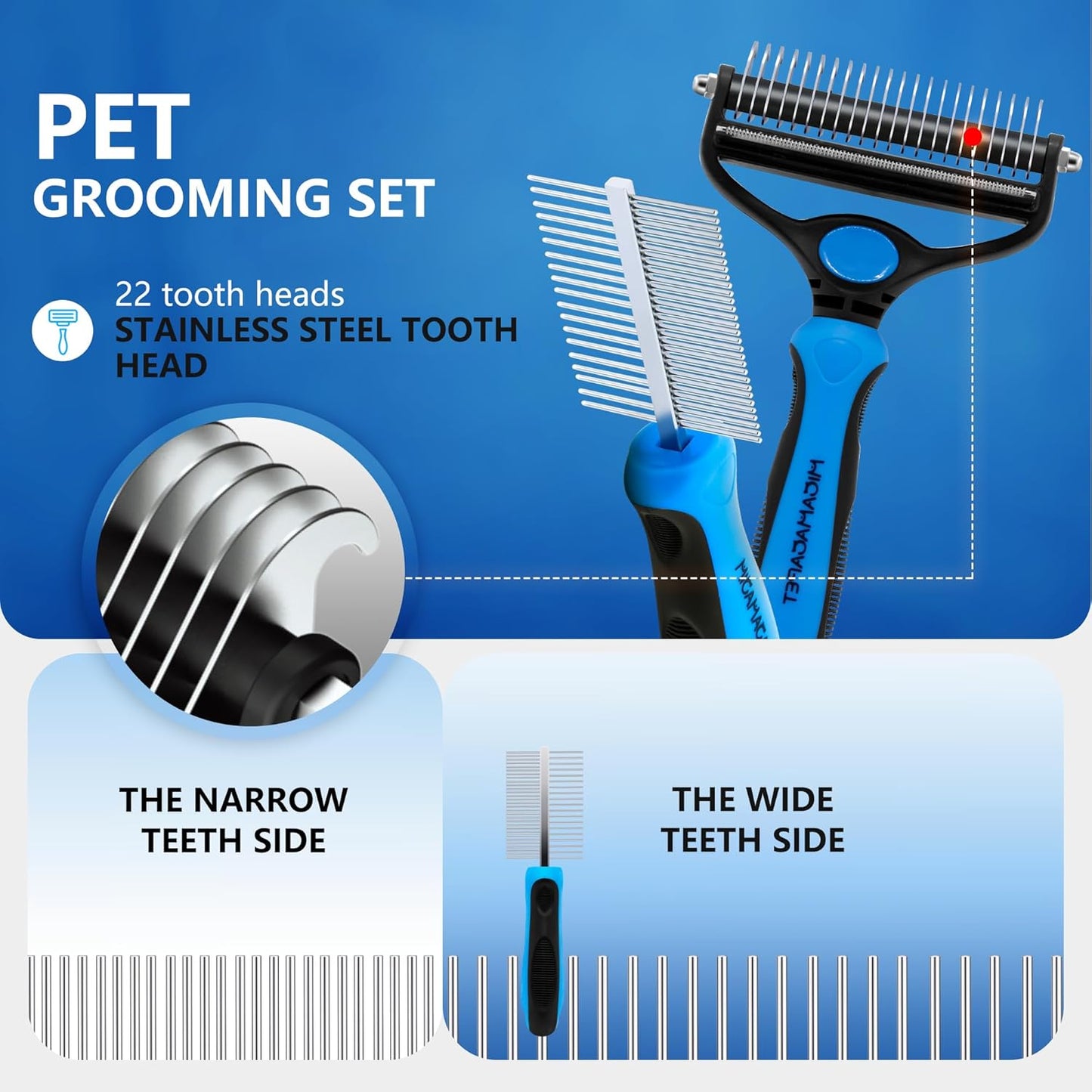 2-in-1 Shedding Brush and Detangling Comb Combo,Stripping Brush for Medium and Large Dogs, Dog and Cat Grooming Comb, 22 Stainless Steel Teeth Remove Tangled Hair, Pet Grooming Tools-large