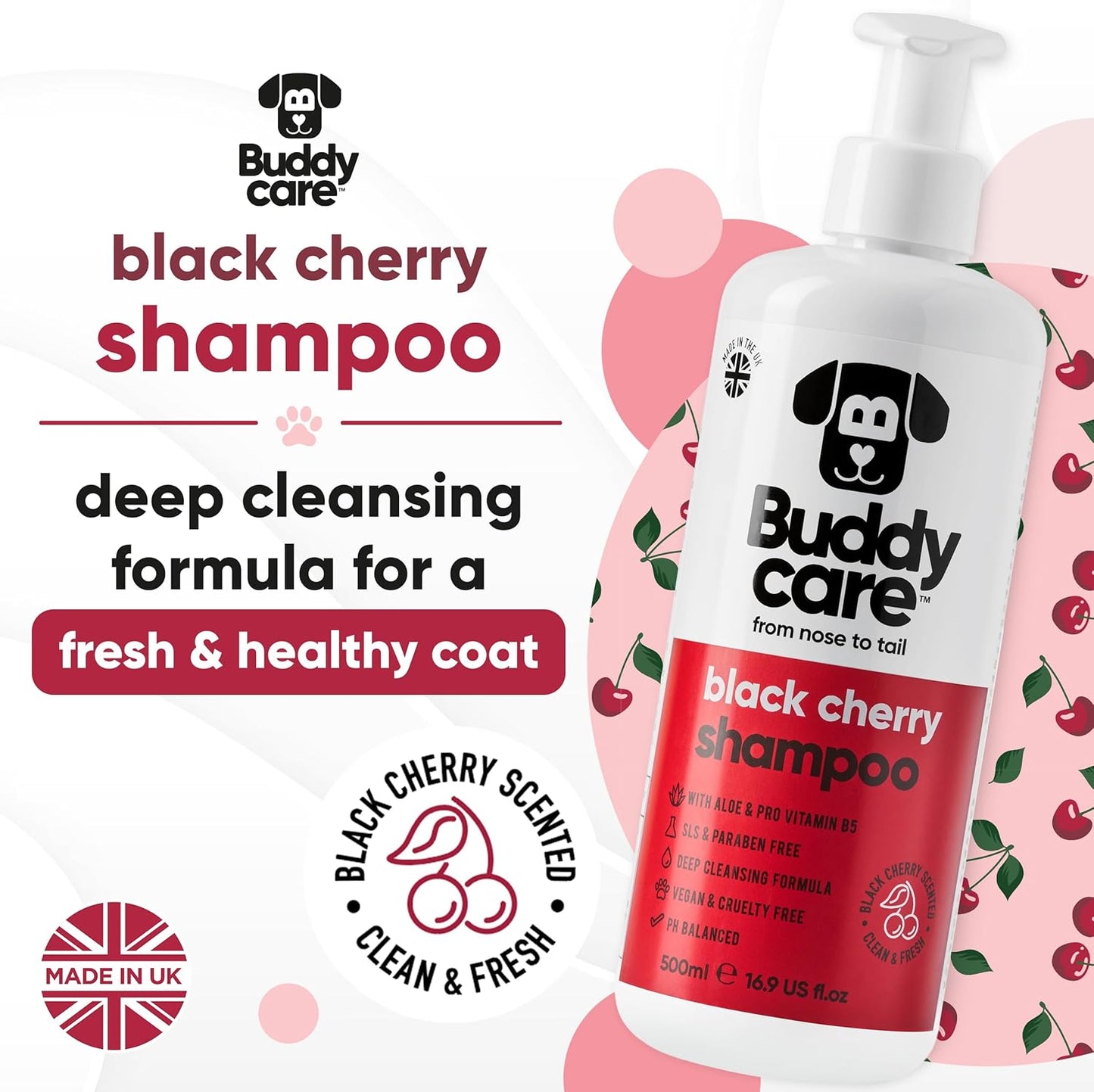 Black Cherry Dog Shampoo by Buddycare | Dry Skin & Itchy Skin Relief for Smelly Dogs | Deep Cleansing for Dogs Puppy Sensitive Skin | Dog Shampoo & Conditioner | with Aloe & Vitamin B5 (16.90oz)