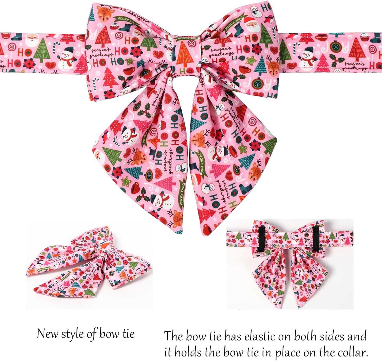 Lionet Paws Christmas Dog Collar with Sailor Bow, Cute Ho Christmas Tree Snowman Pink Dog Collar Bow Tie for X-Large Dogs, Neck 16-26 inches