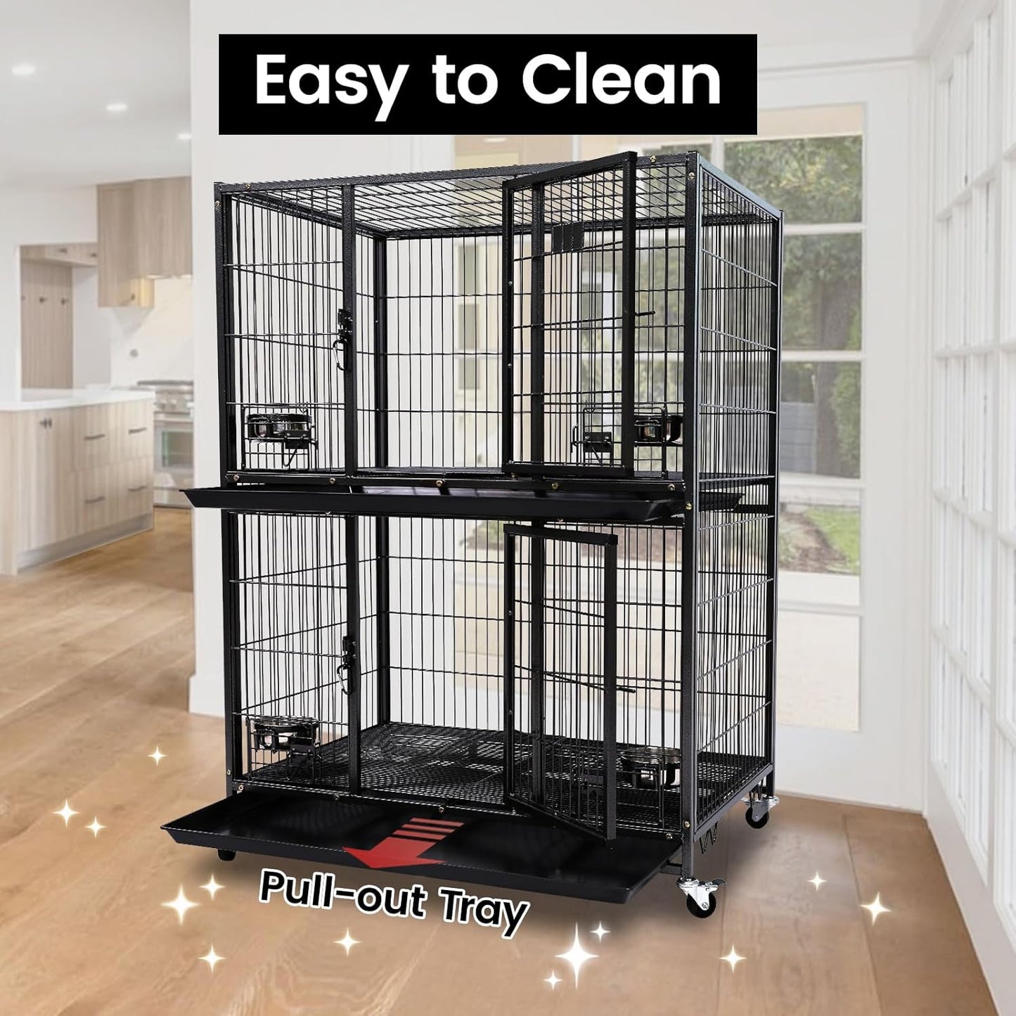 Homey Pet Two Tiers 37 Inch Dog Crate Cage Kennel with Feeding Door and Bowls, Lockable Wheels and Removable Tray, Escape Proof Metal Wire Heavy Duty Dog Crates for Medium/Small Sized Dogs (3 Pack)