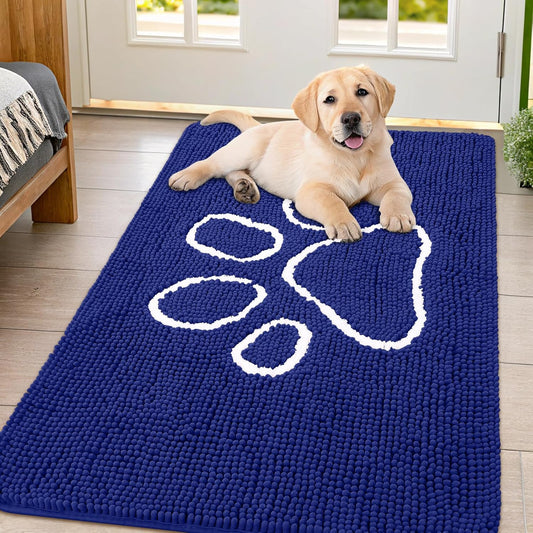 Smiry Dog Door Mat for Muddy Paws, Absorbent Dirt Trapper Non Slip Quick Dry Washable Chenille Mat for Mud Dogs, Entry Rug for Indoor and Outdoor (47x32 Inches, Navy Blue)