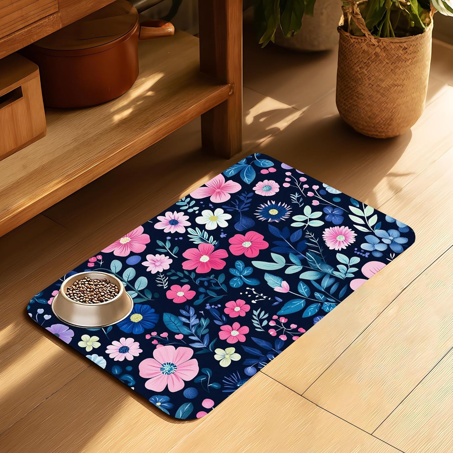 Groovy Wildflowers Pet Feeding Mat-Quick Dry Absorbent Dog Cat Food Mat, Anti-Slip Water Bowl Mats for Messy Eaters-No Stains Indoor Pet Accessories 12"x20"